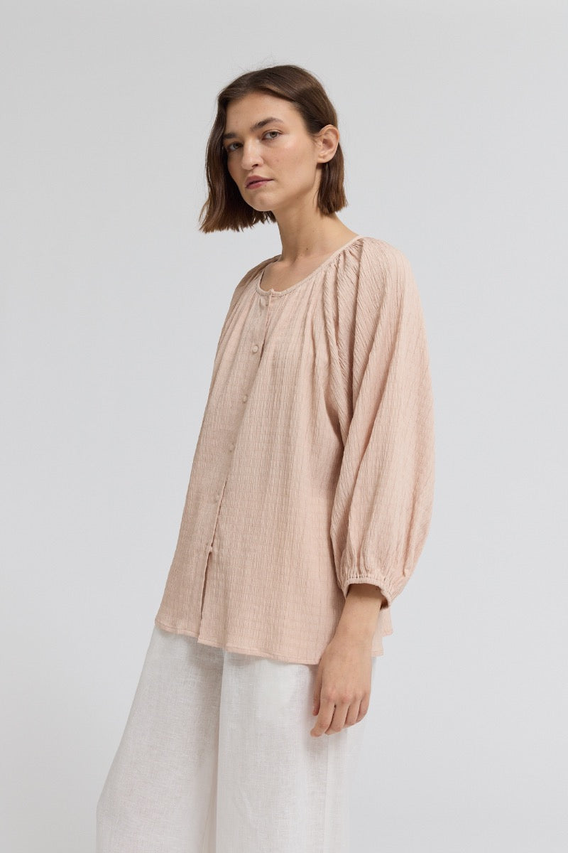 3/4 Sleeve Round Neck Button Down Shirt in Petal