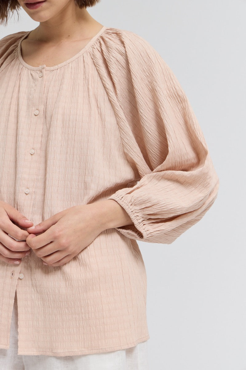 3/4 Sleeve Round Neck Button Down Shirt in Petal