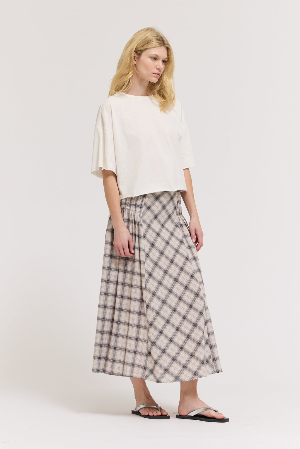 Smocked Yoke Plaid Skirt in Natural
