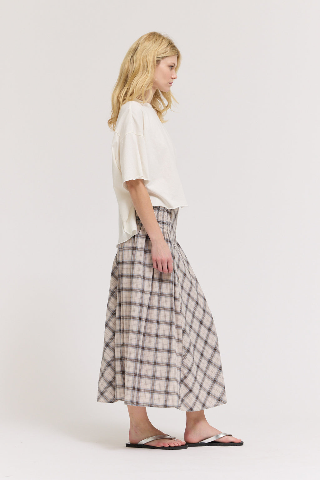 Smocked Yoke Plaid Skirt in Natural