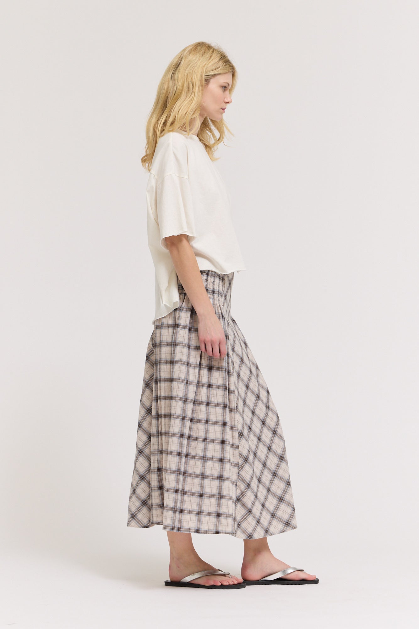 Smocked Yoke Plaid Skirt in Natural