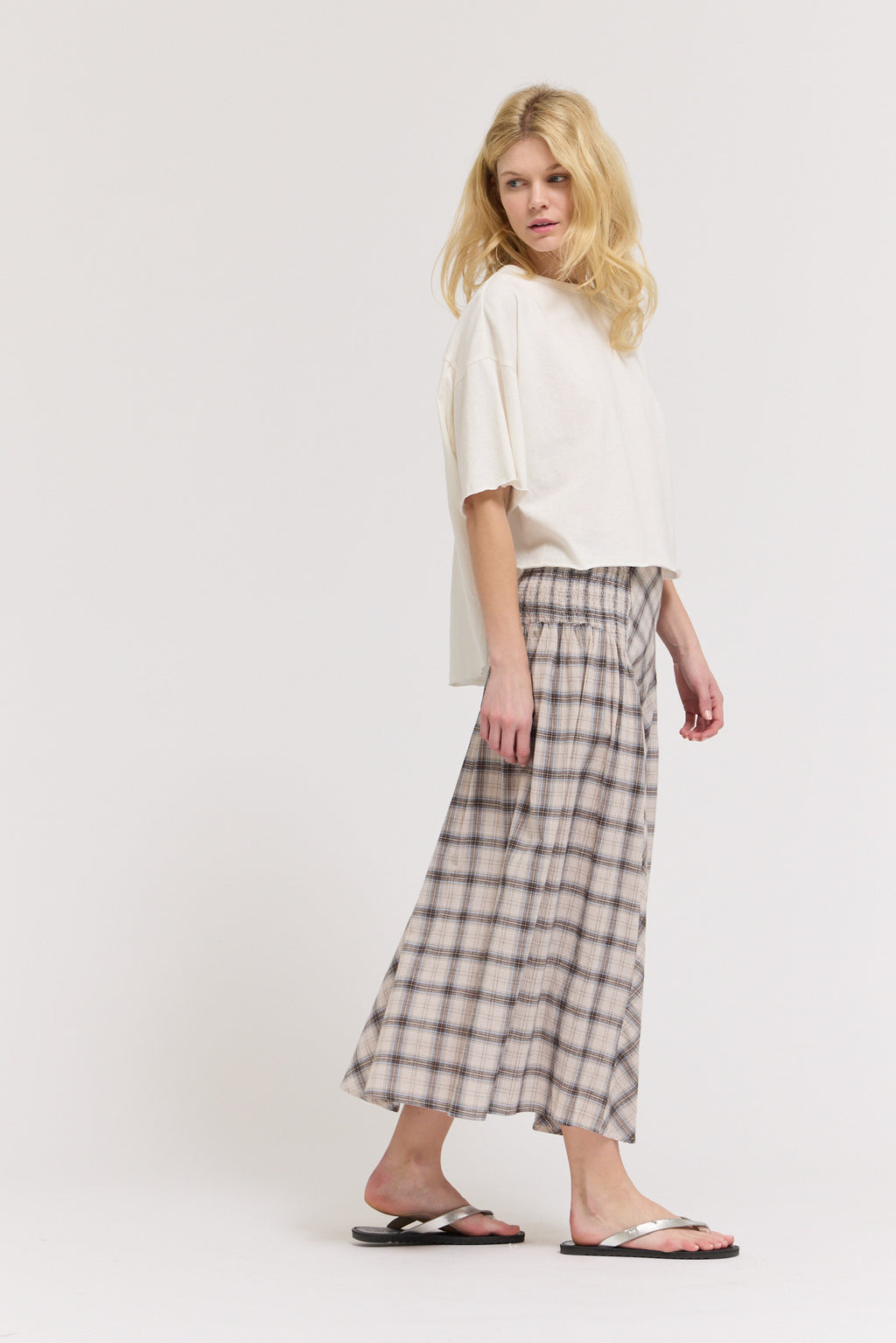 Smocked Yoke Plaid Skirt in Natural