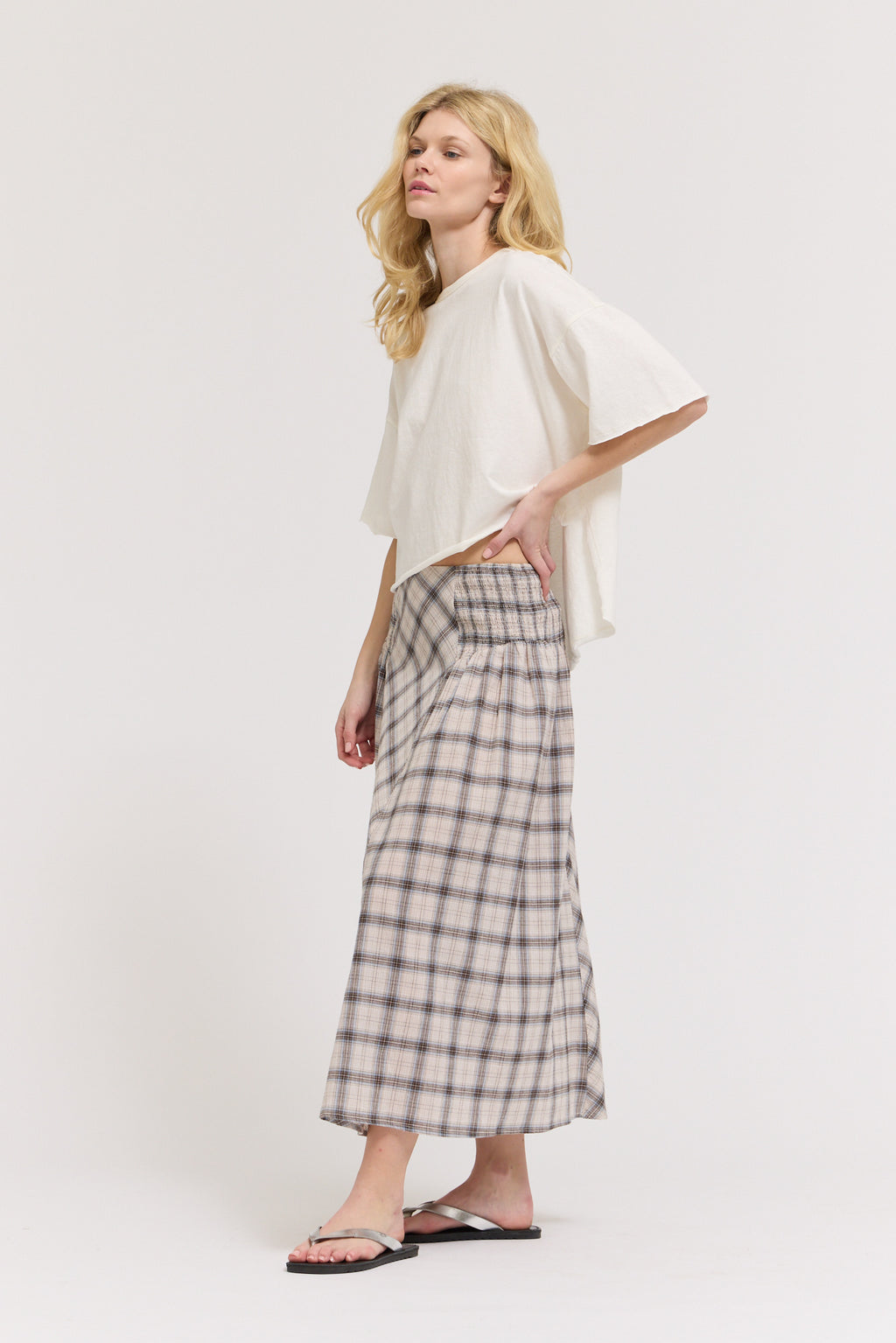Smocked Yoke Plaid Skirt in Natural