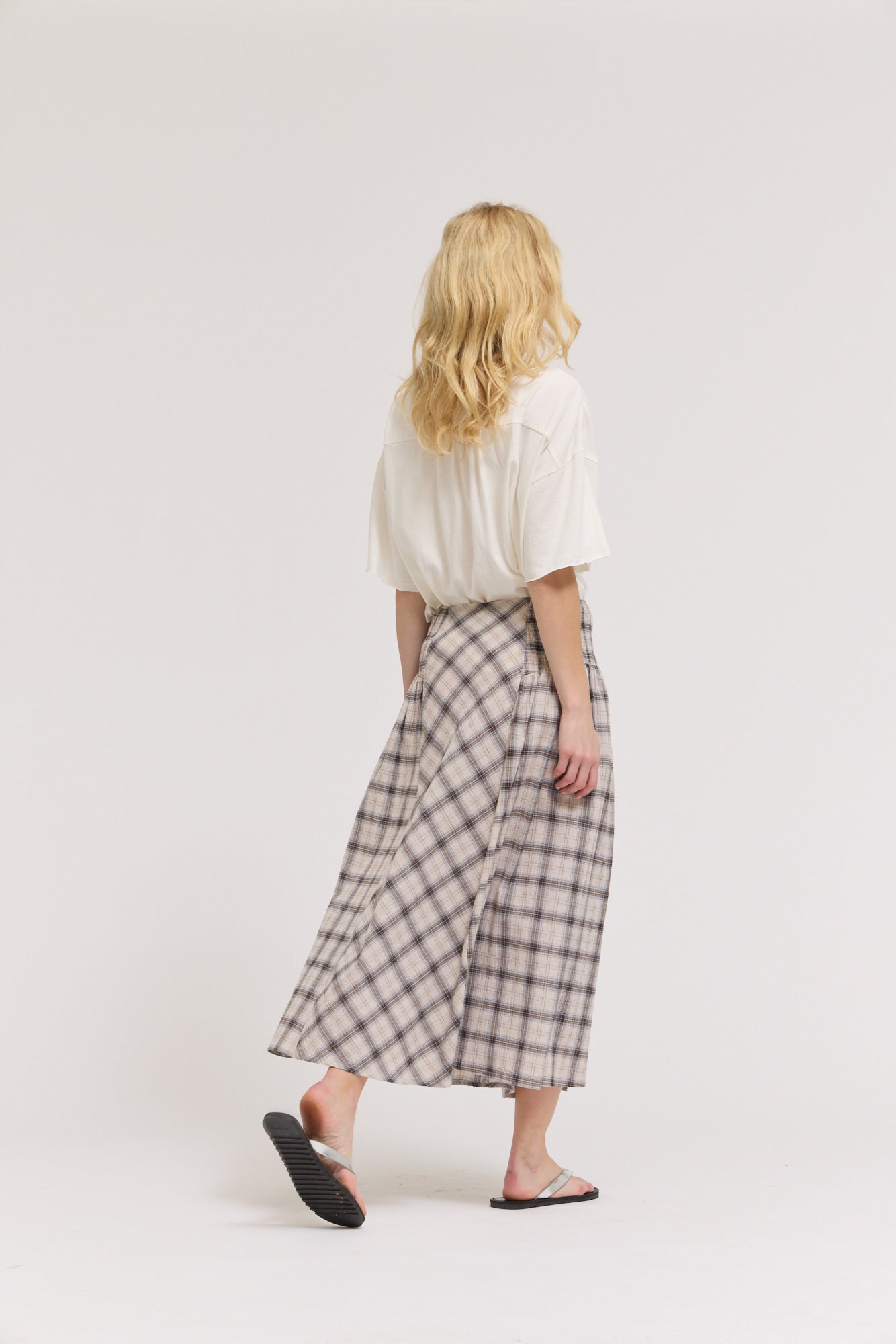 Smocked Yoke Plaid Skirt in Natural