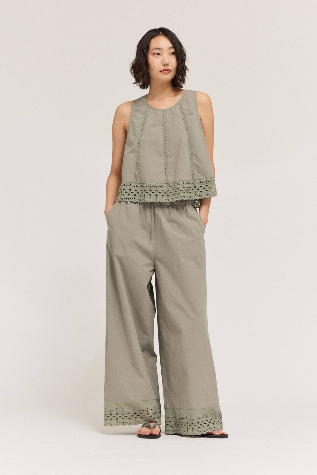 Cotton Eyelet Hem Snuggle Pants in Dry Herb