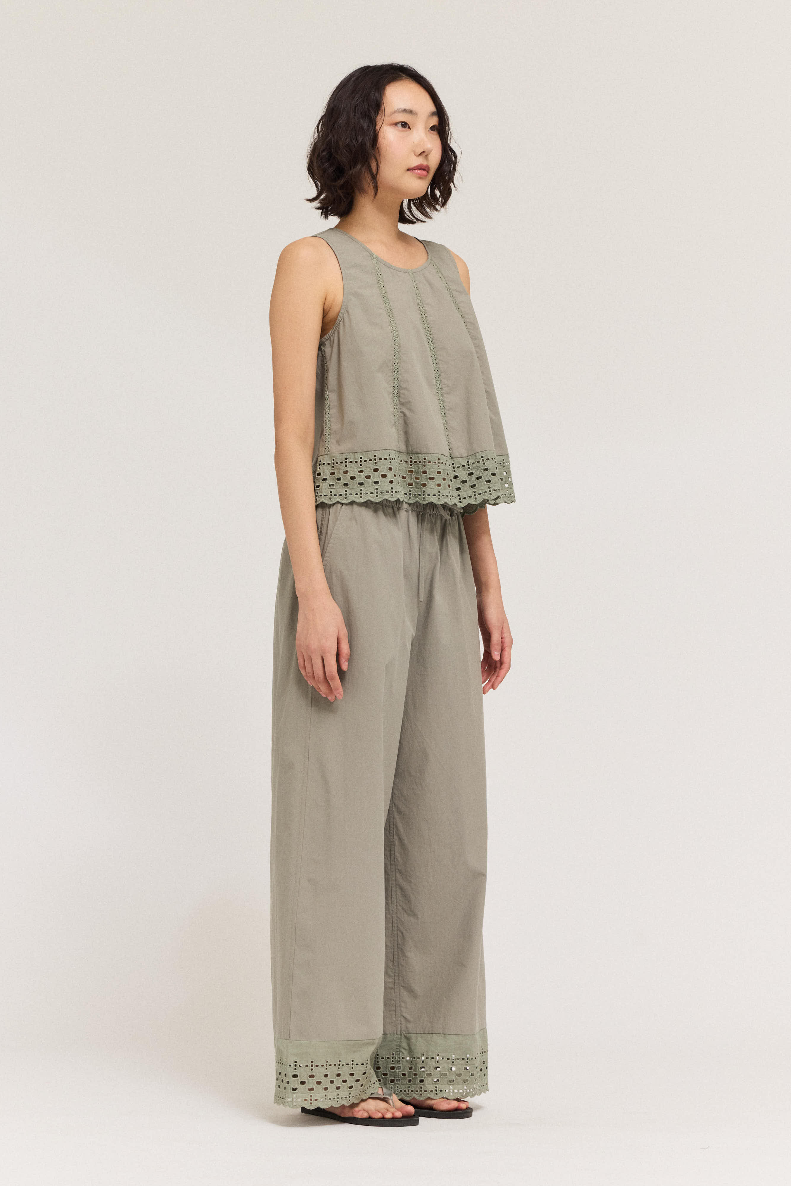 Cotton Eyelet Hem Snuggle Pants in Dry Herb