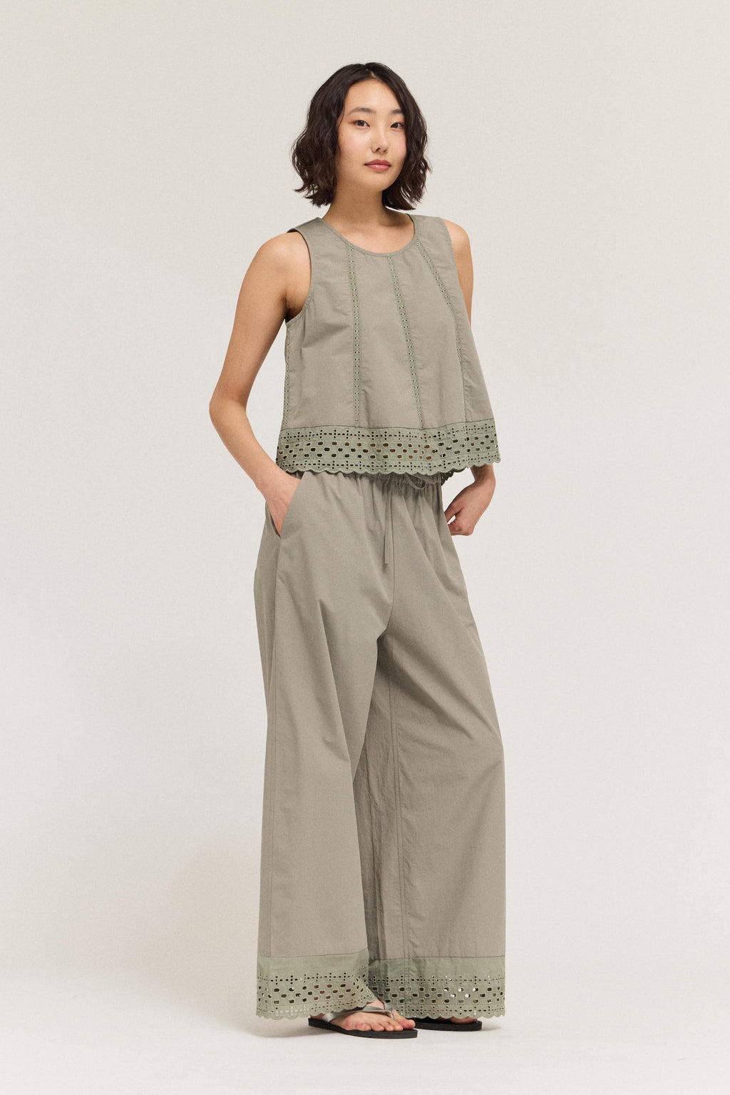 Cotton Eyelet Hem Snuggle Pants in Dry Herb