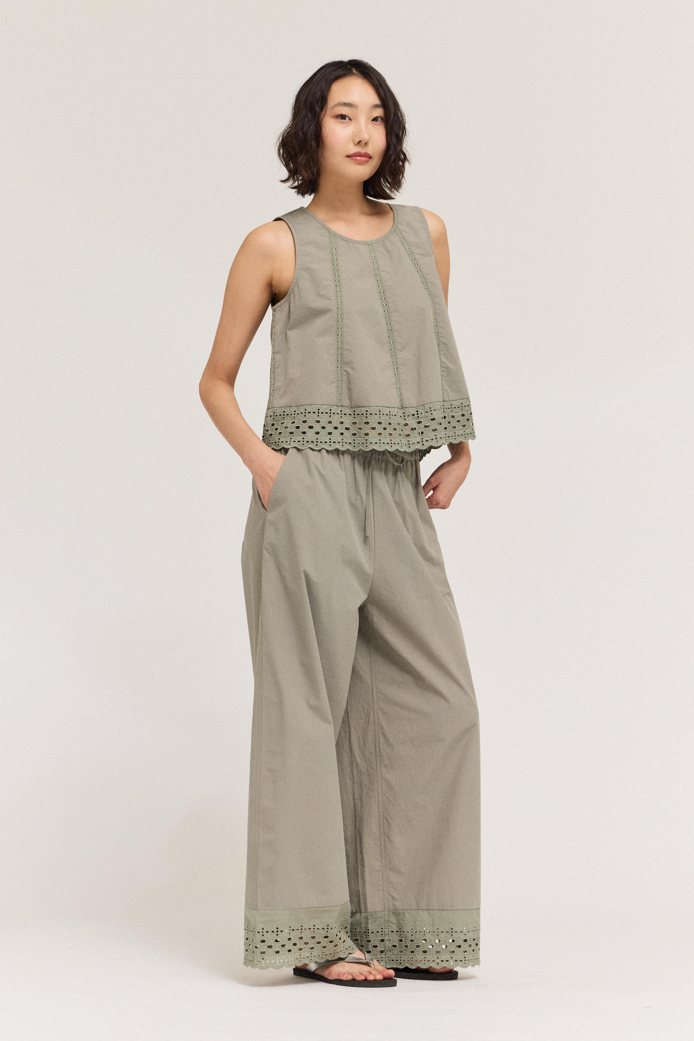 Cotton Eyelet Hem Snuggle Pants in Dry Herb