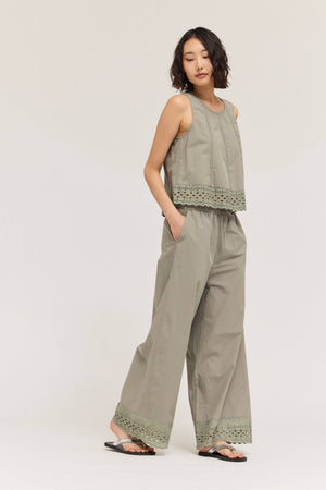 Cotton Eyelet Hem Snuggle Pants in Dry Herb
