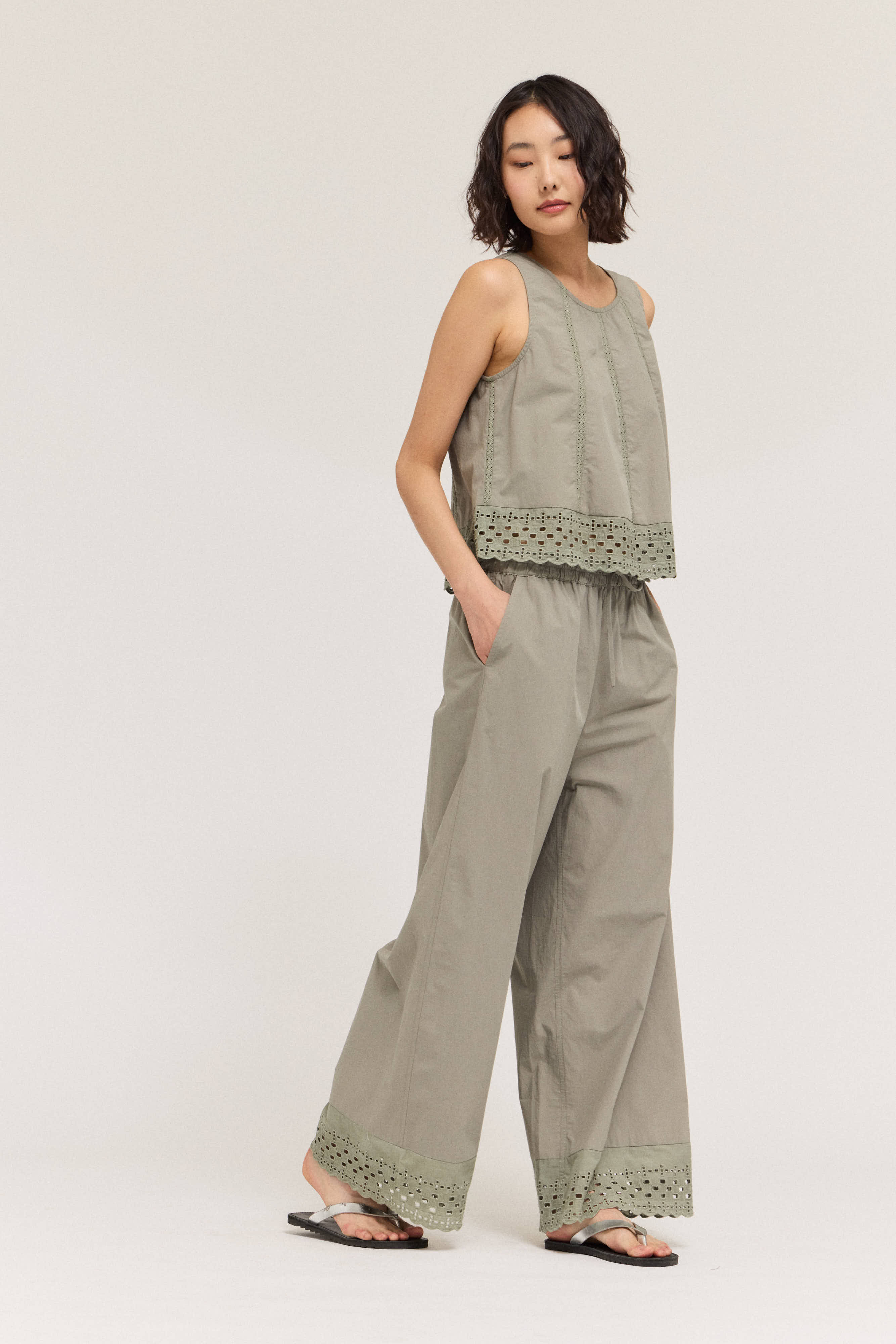 Cotton Eyelet Hem Snuggle Pants in Dry Herb
