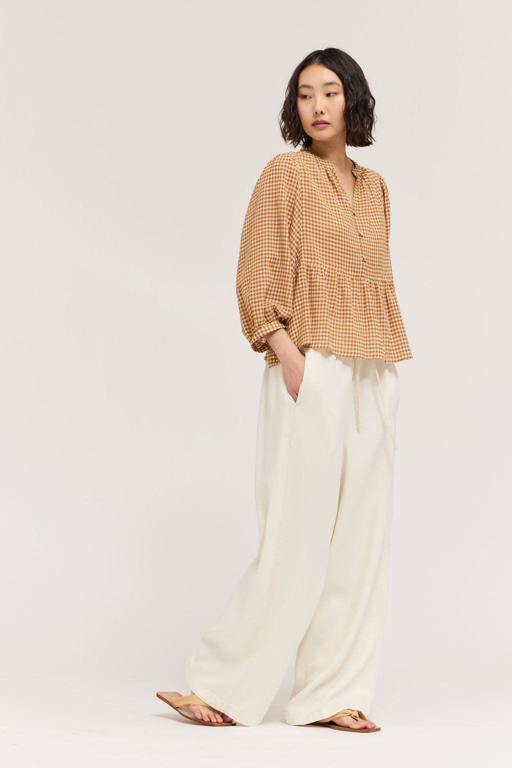 Gingham Balloon Sleeve Blouse in Chai