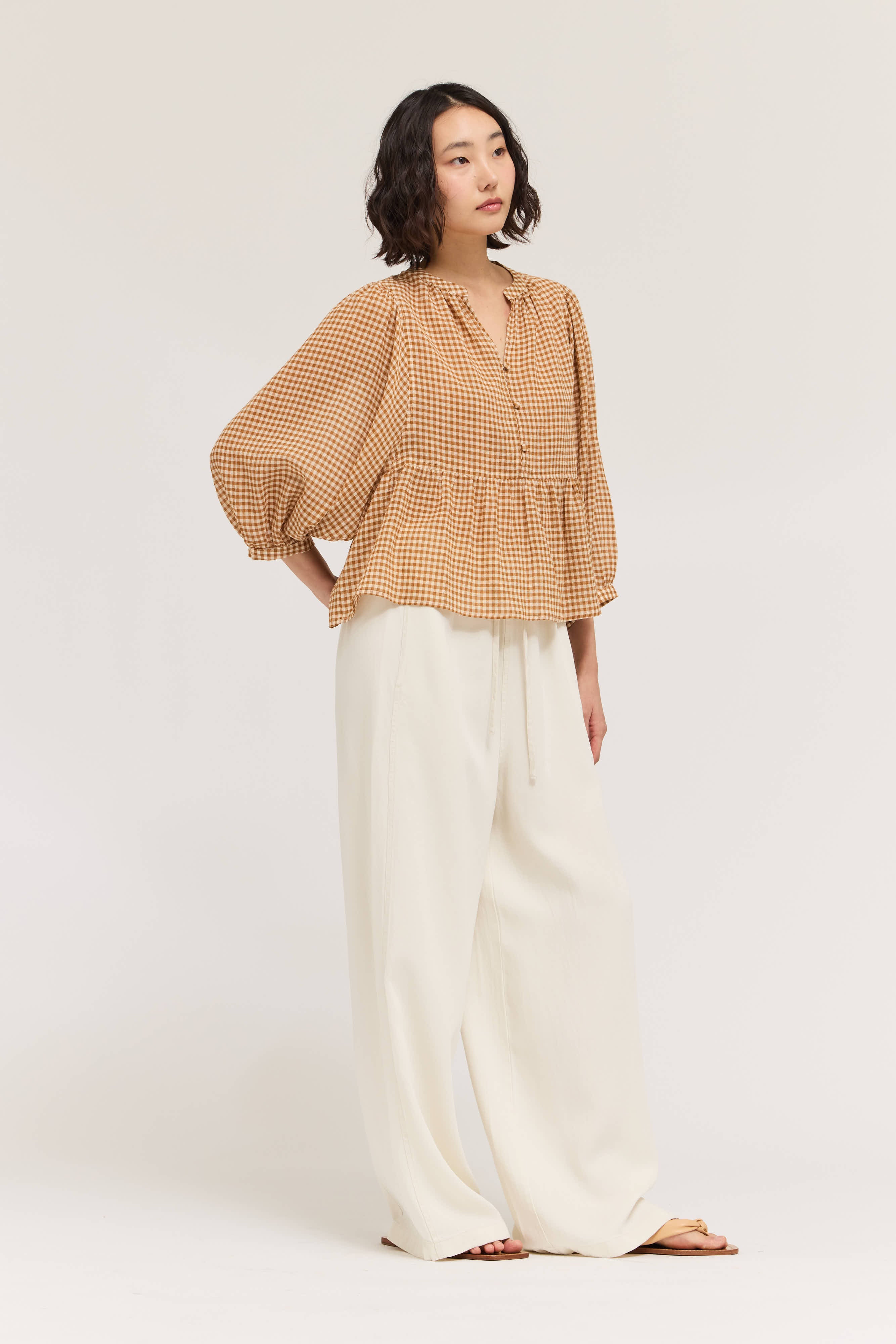 Gingham Balloon Sleeve Blouse in Chai