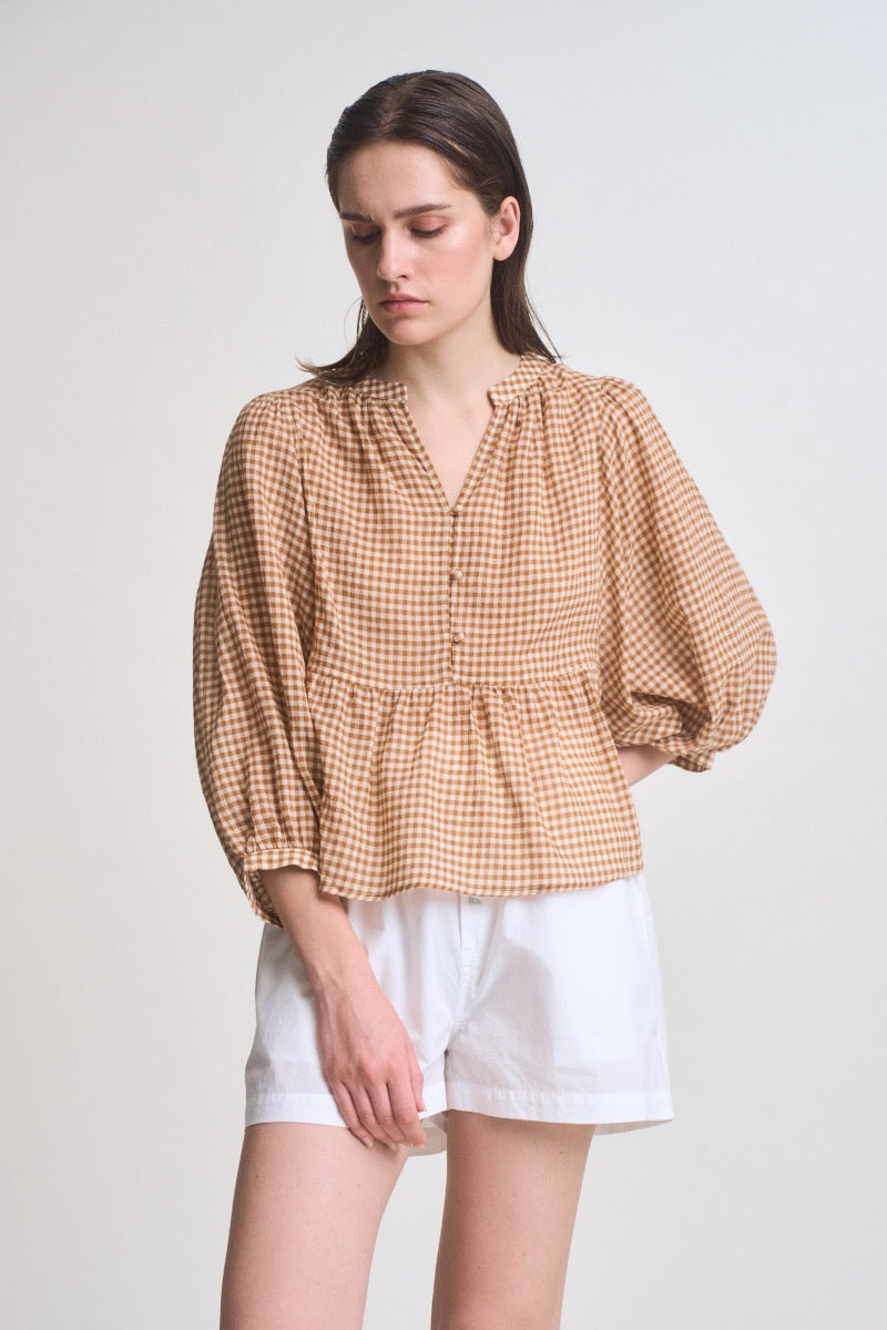 Gingham Balloon Sleeve Blouse in Chai
