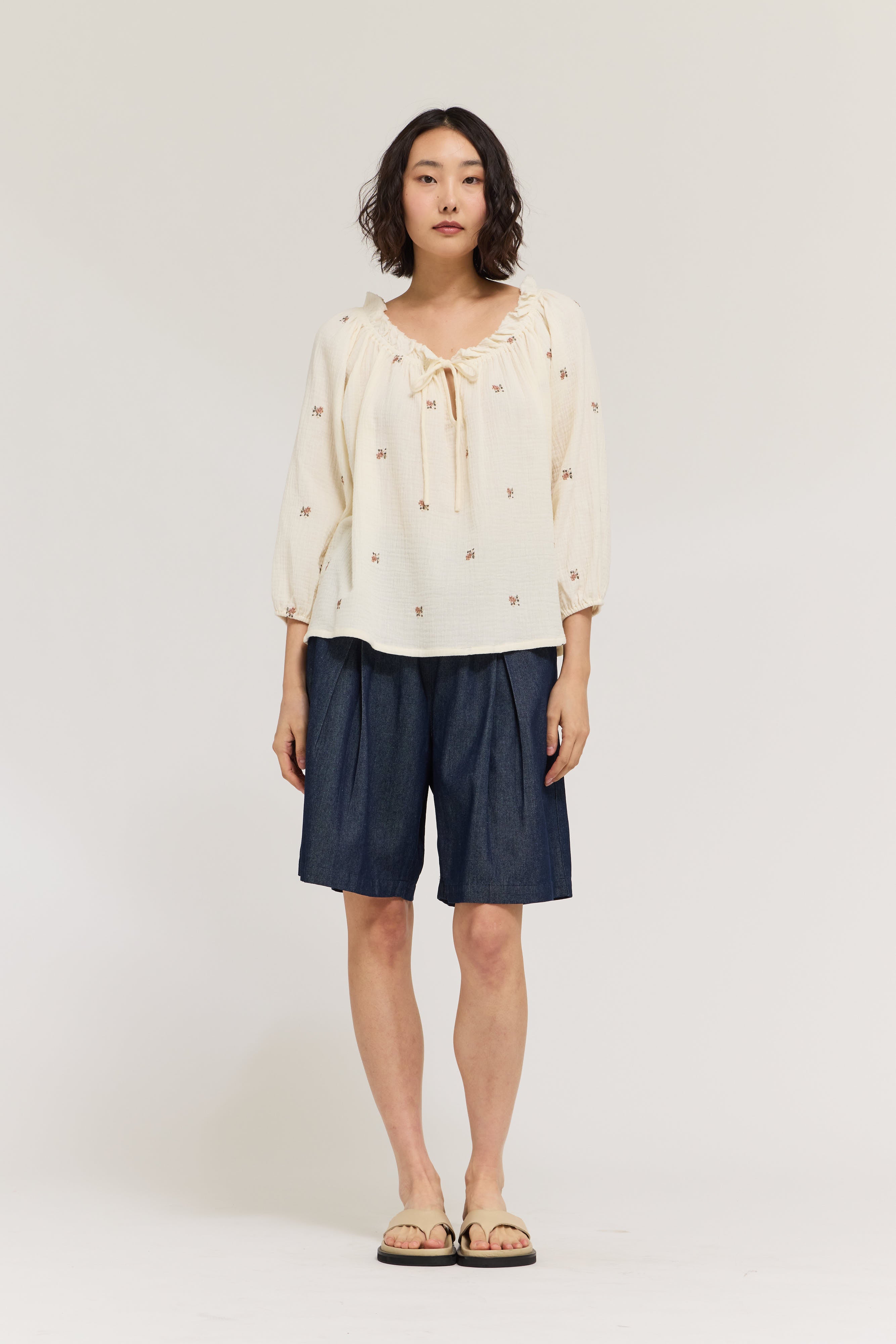 Embroidered Gauze Drawstring Blouse Top