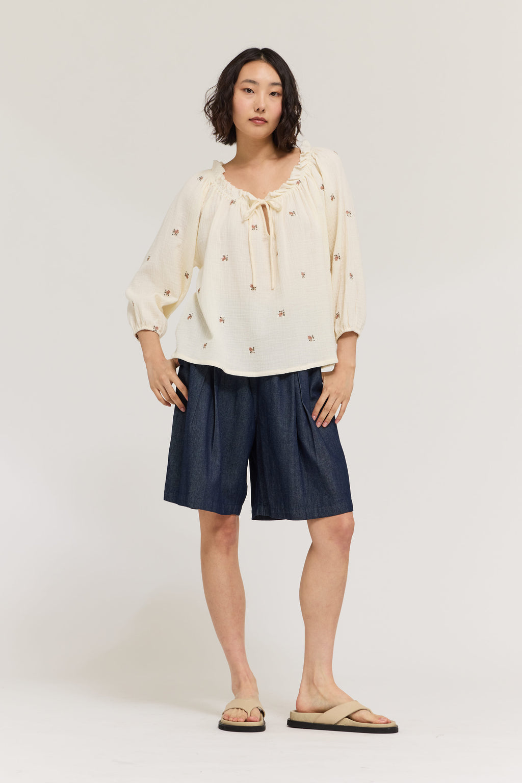 Embroidered Gauze Drawstring Blouse Top