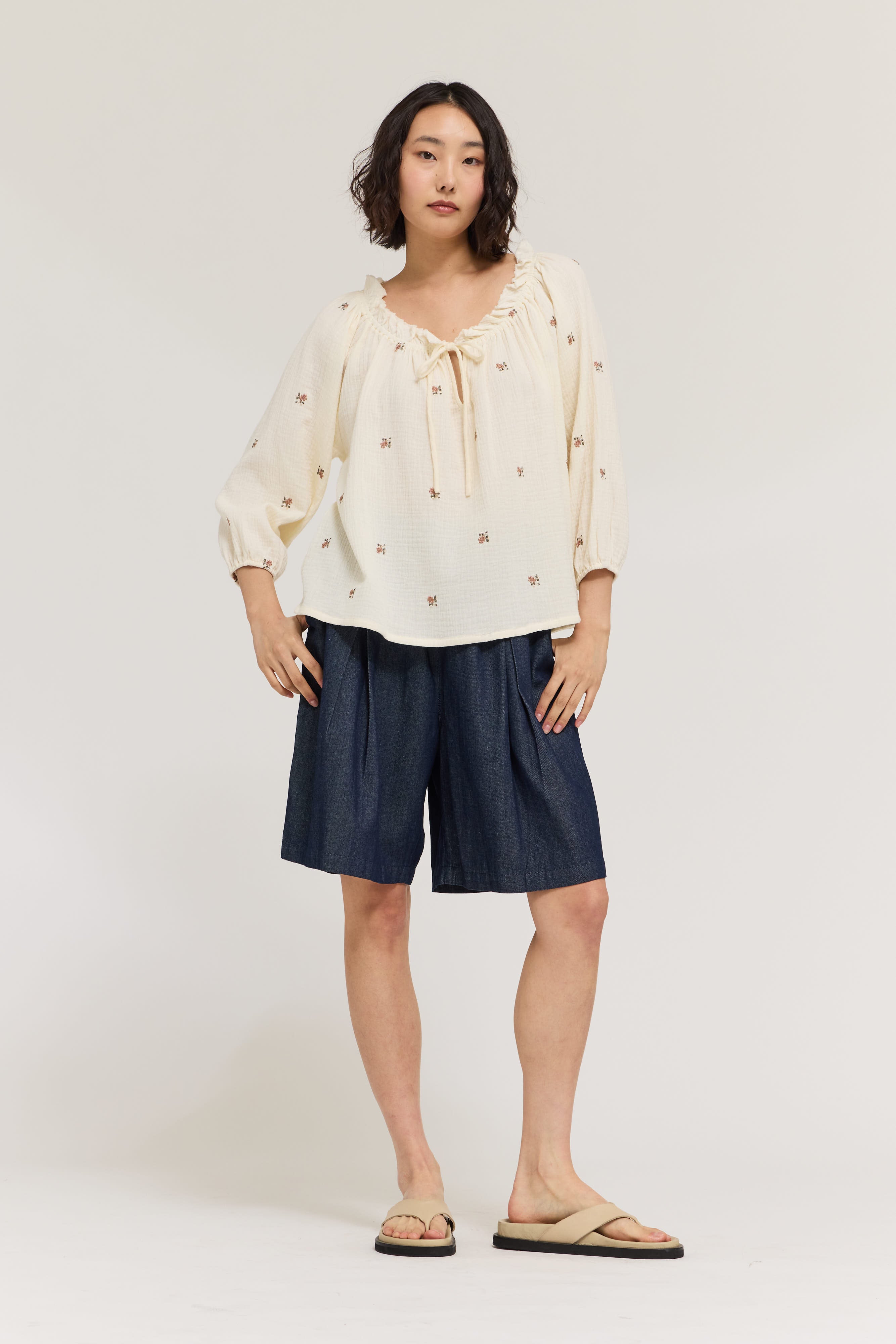 Embroidered Gauze Drawstring Blouse Top