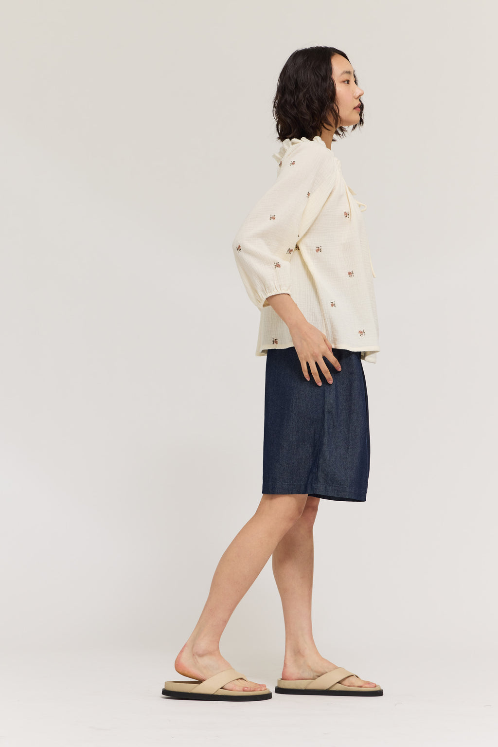 Embroidered Gauze Drawstring Blouse Top