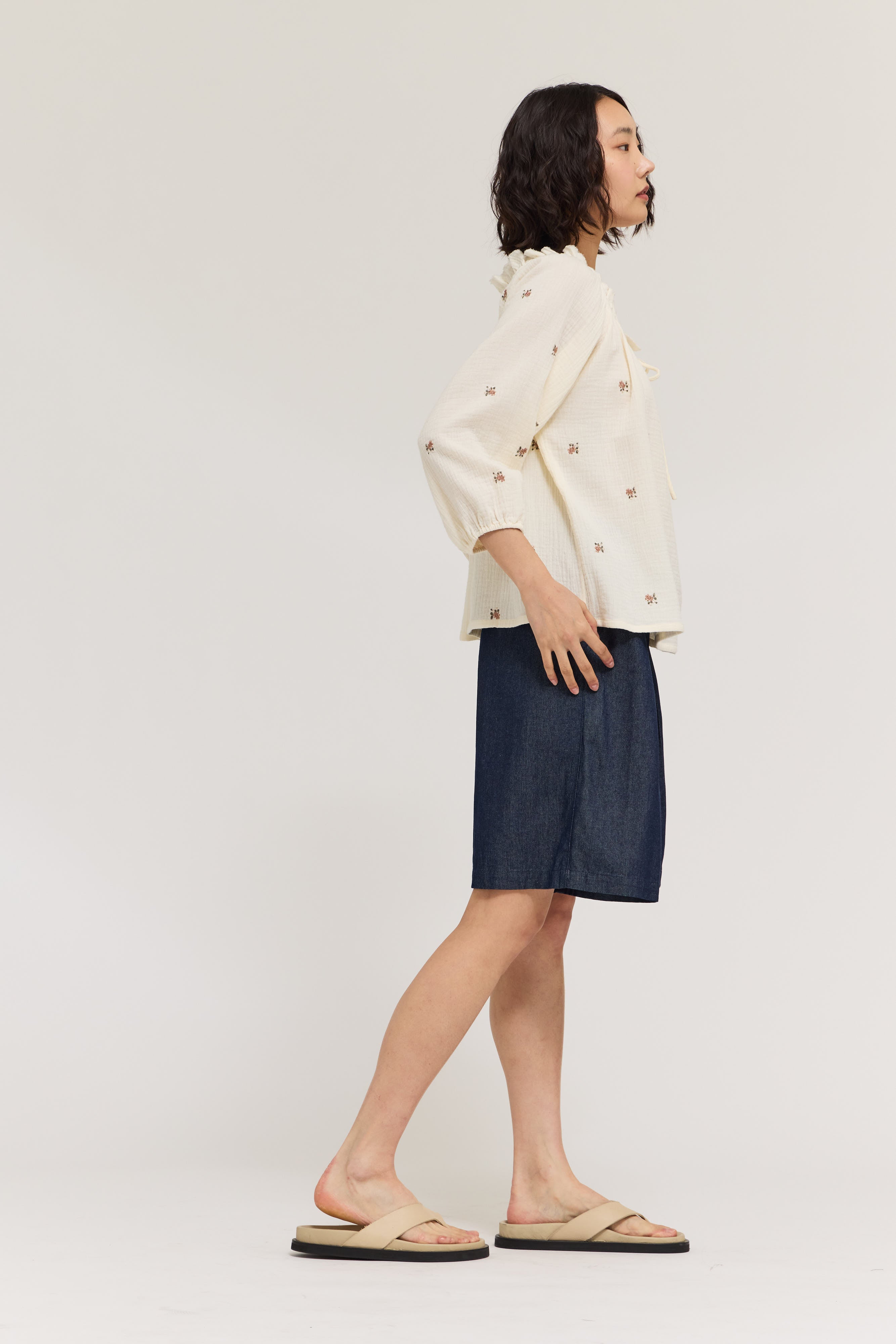 Embroidered Gauze Drawstring Blouse Top
