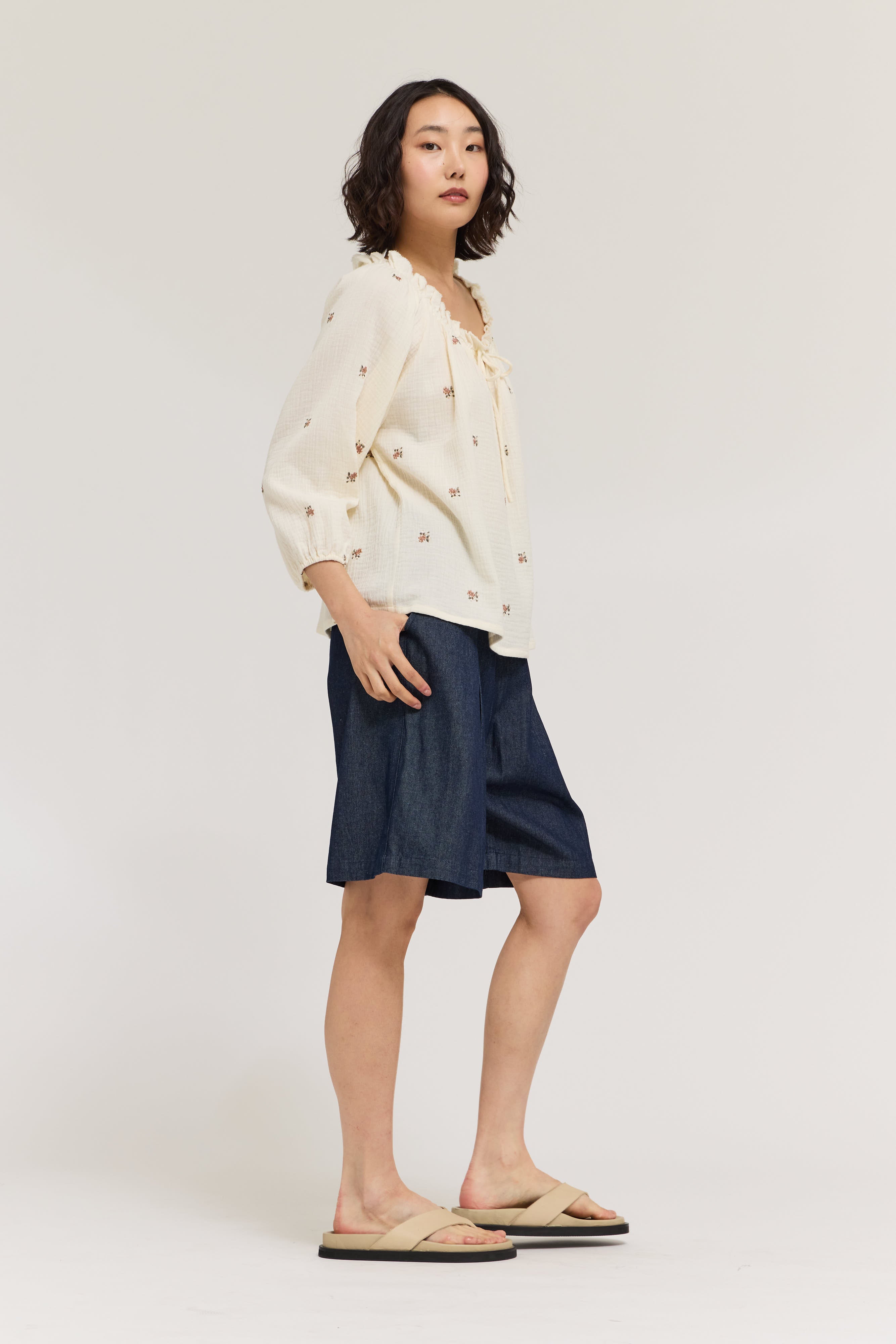 Embroidered Gauze Drawstring Blouse Top