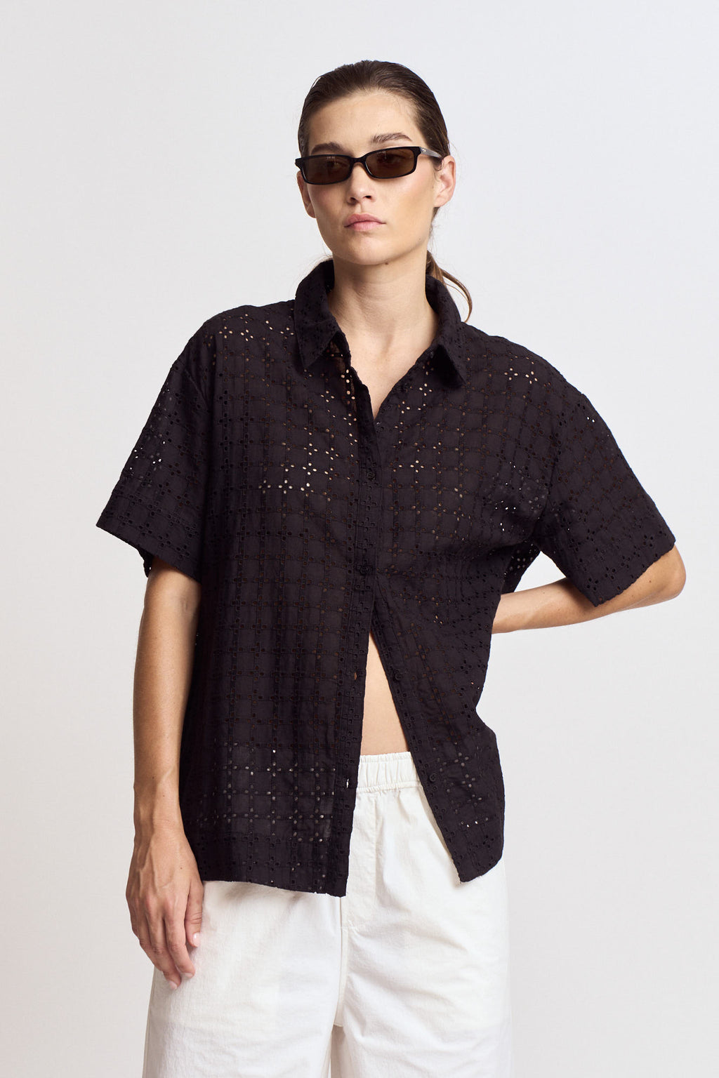 Square Eyelet Short Shirt Top in Black