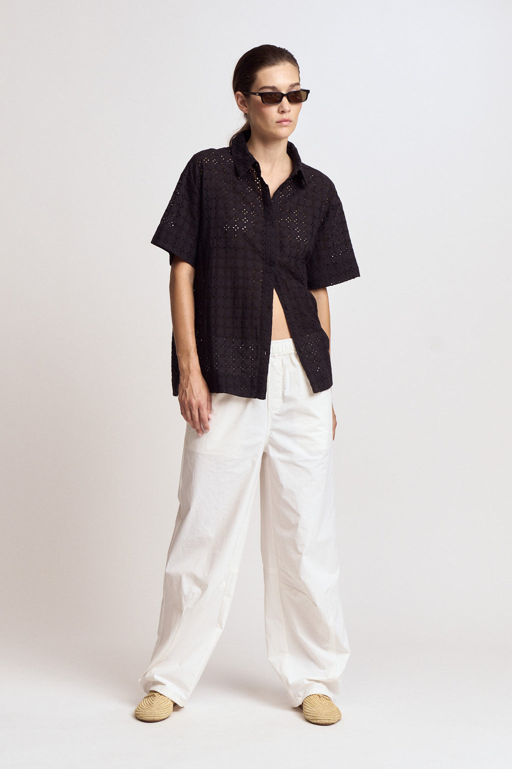 Square Eyelet Short Shirt Top in Black
