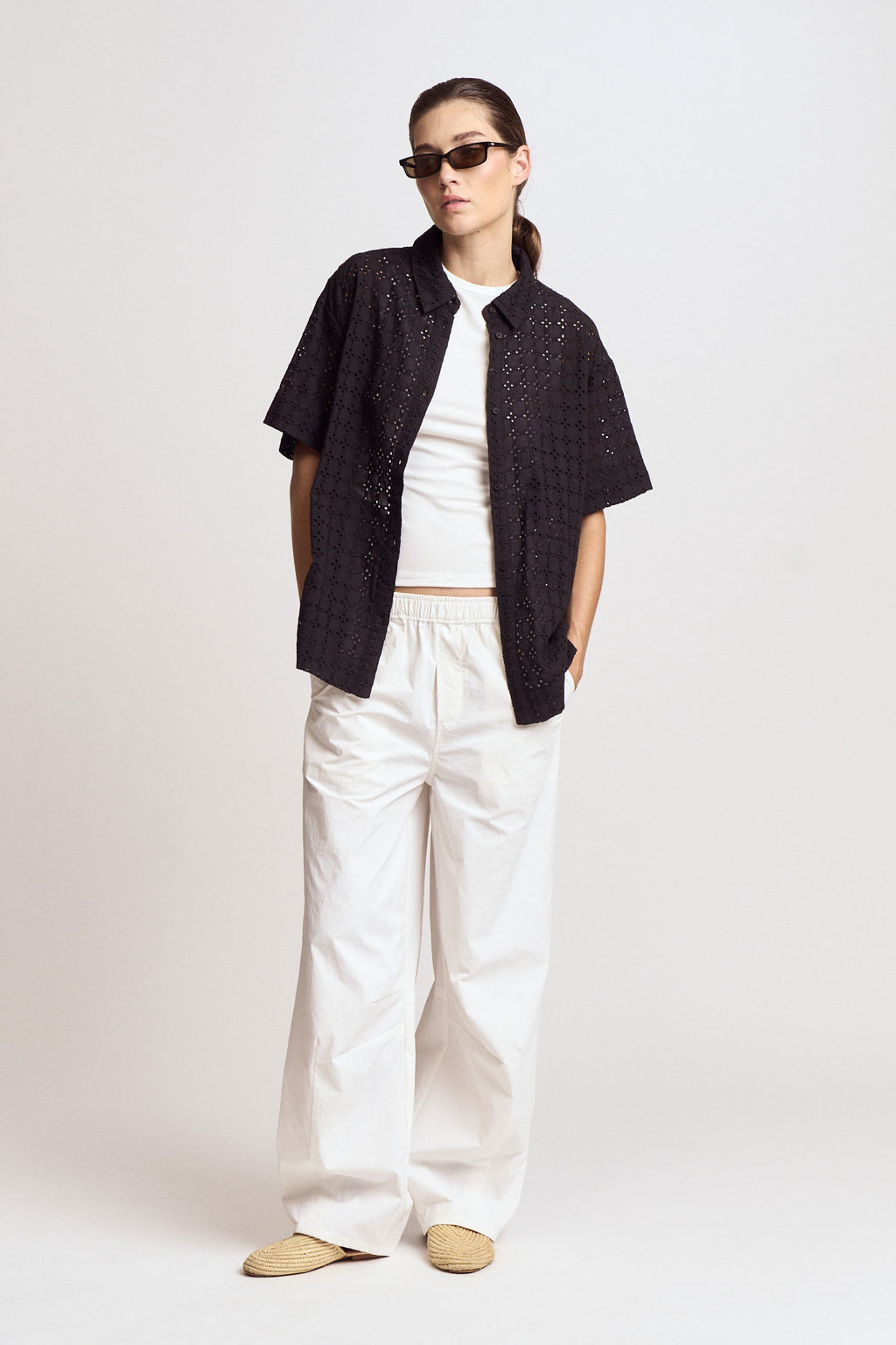 Square Eyelet Short Shirt Top in Black