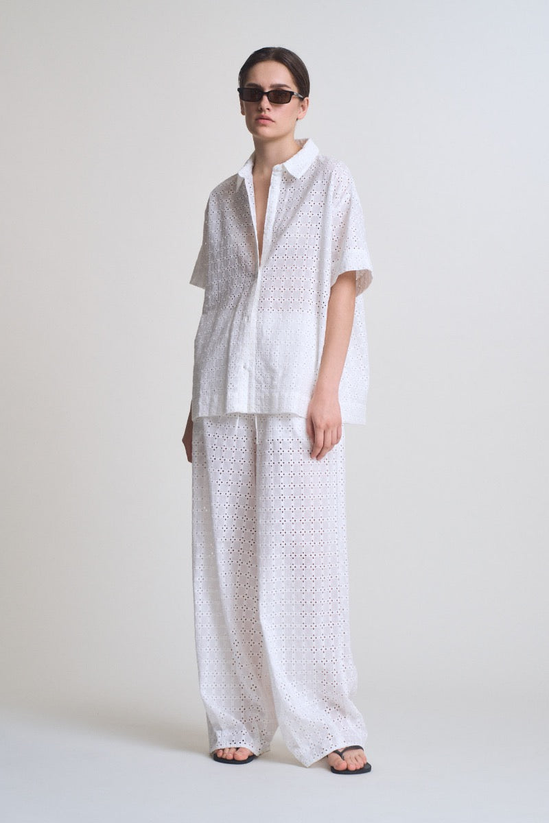 Relaxed Fit Eyelet Pants in Off White