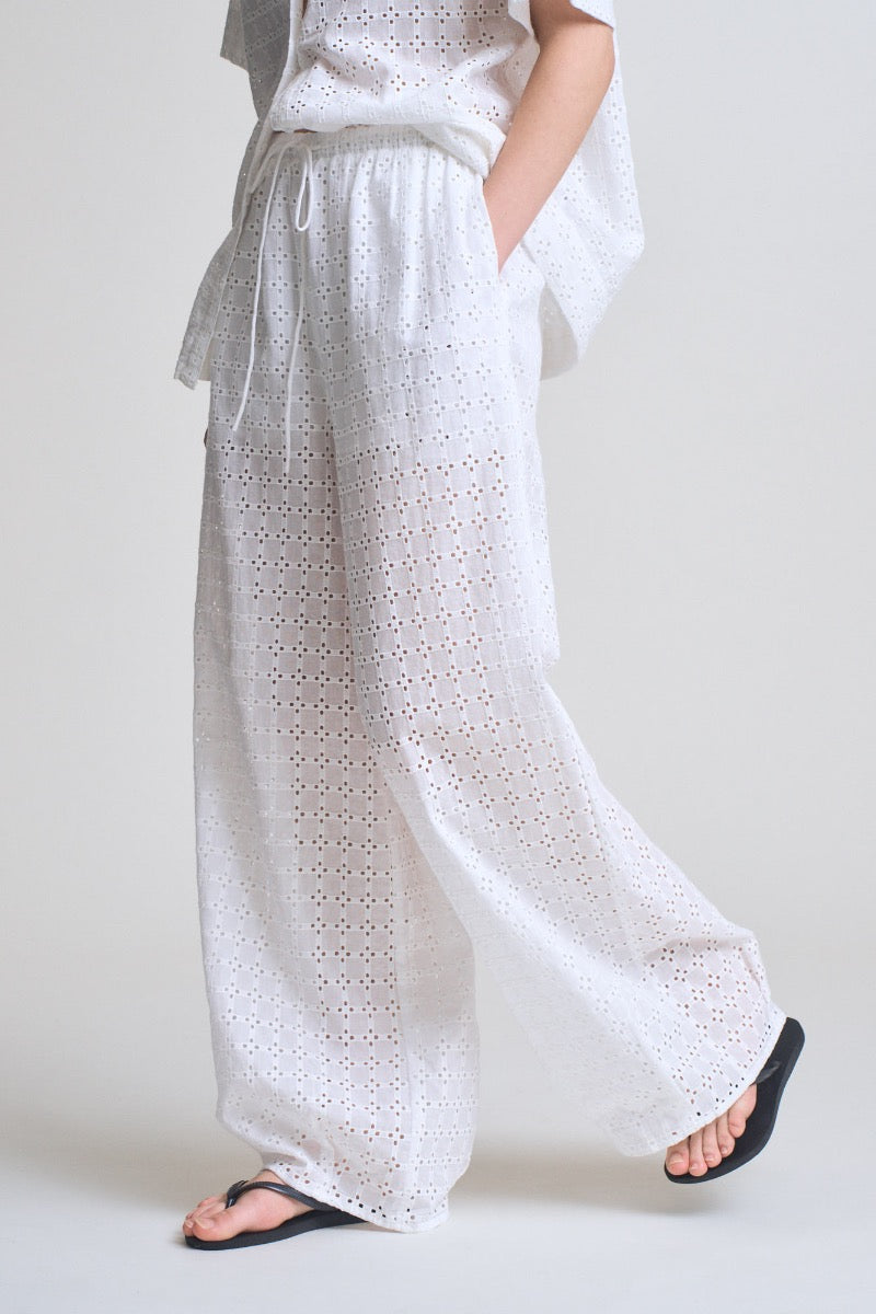 Relaxed Fit Eyelet Pants in Off White