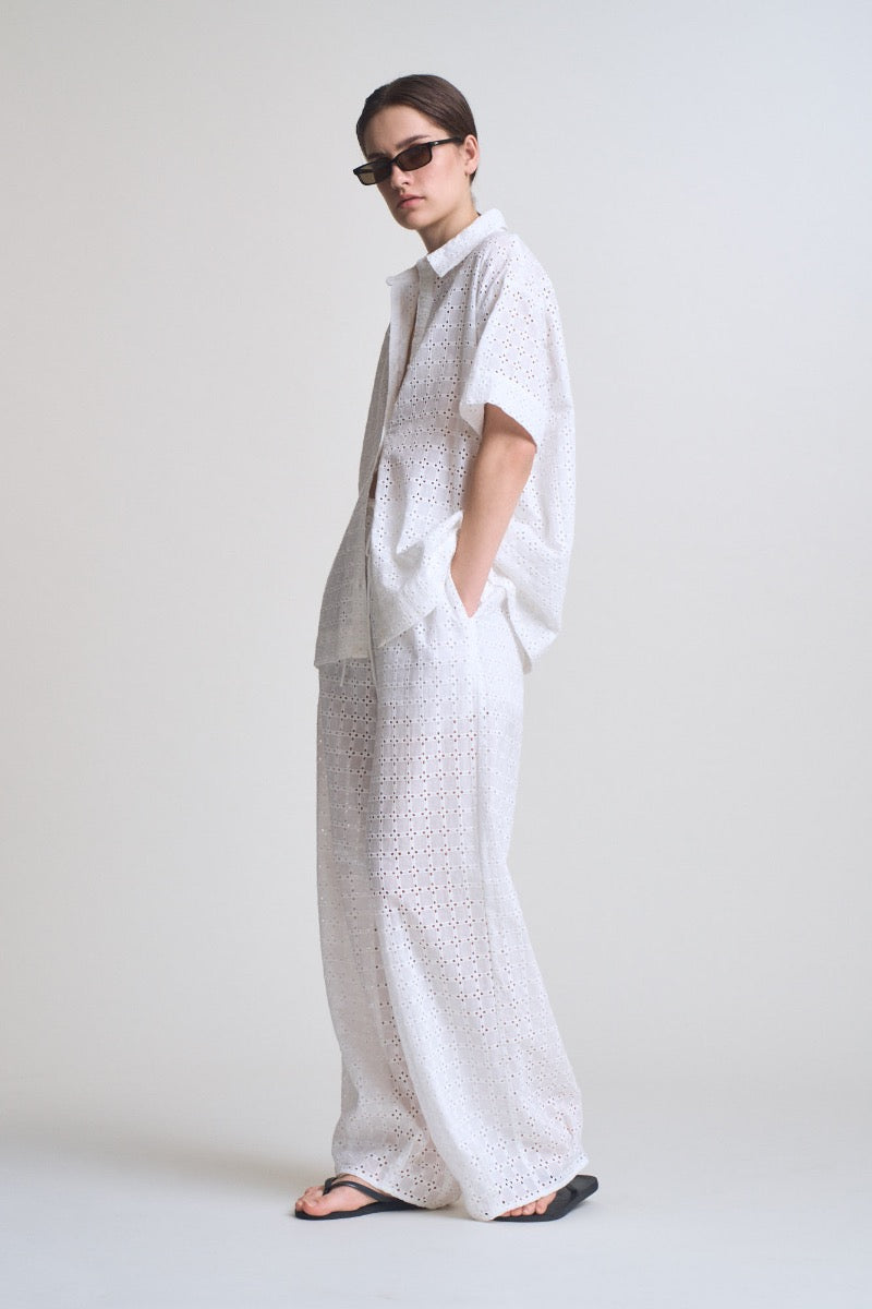Relaxed Fit Eyelet Pants in Off White