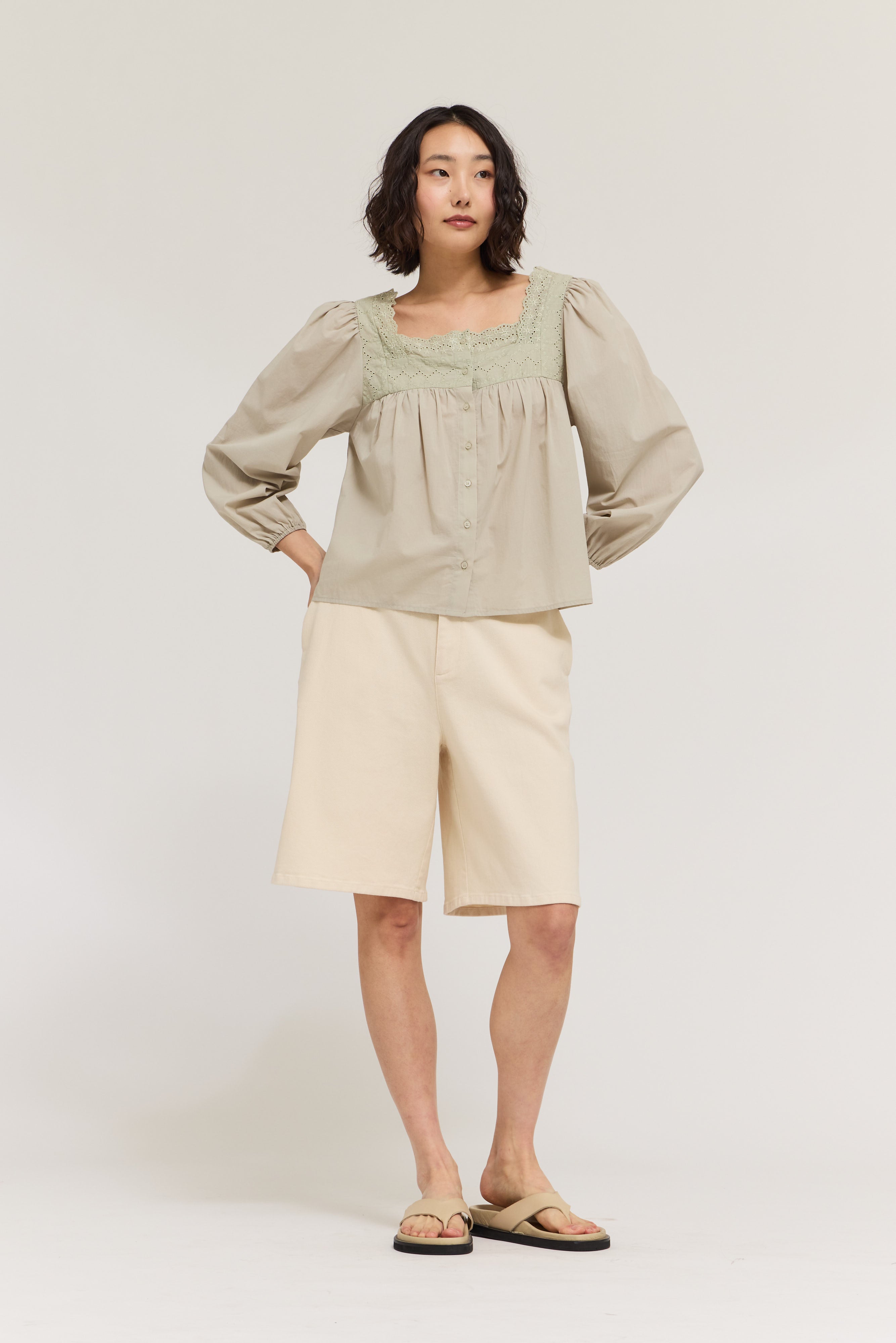 Eyelet Trim Detail Button Down Shirt in Cloud