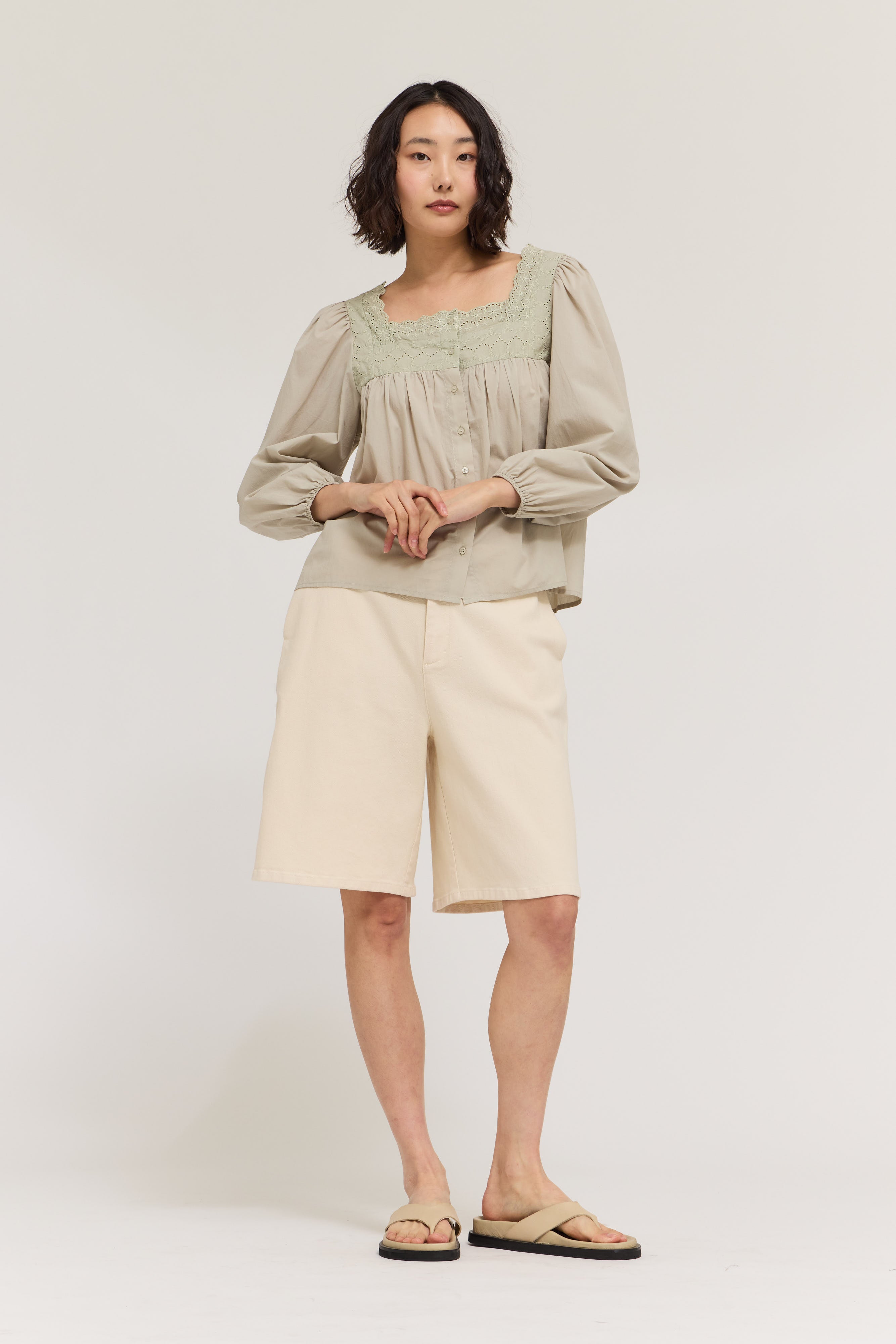 Eyelet Trim Detail Button Down Shirt in Cloud