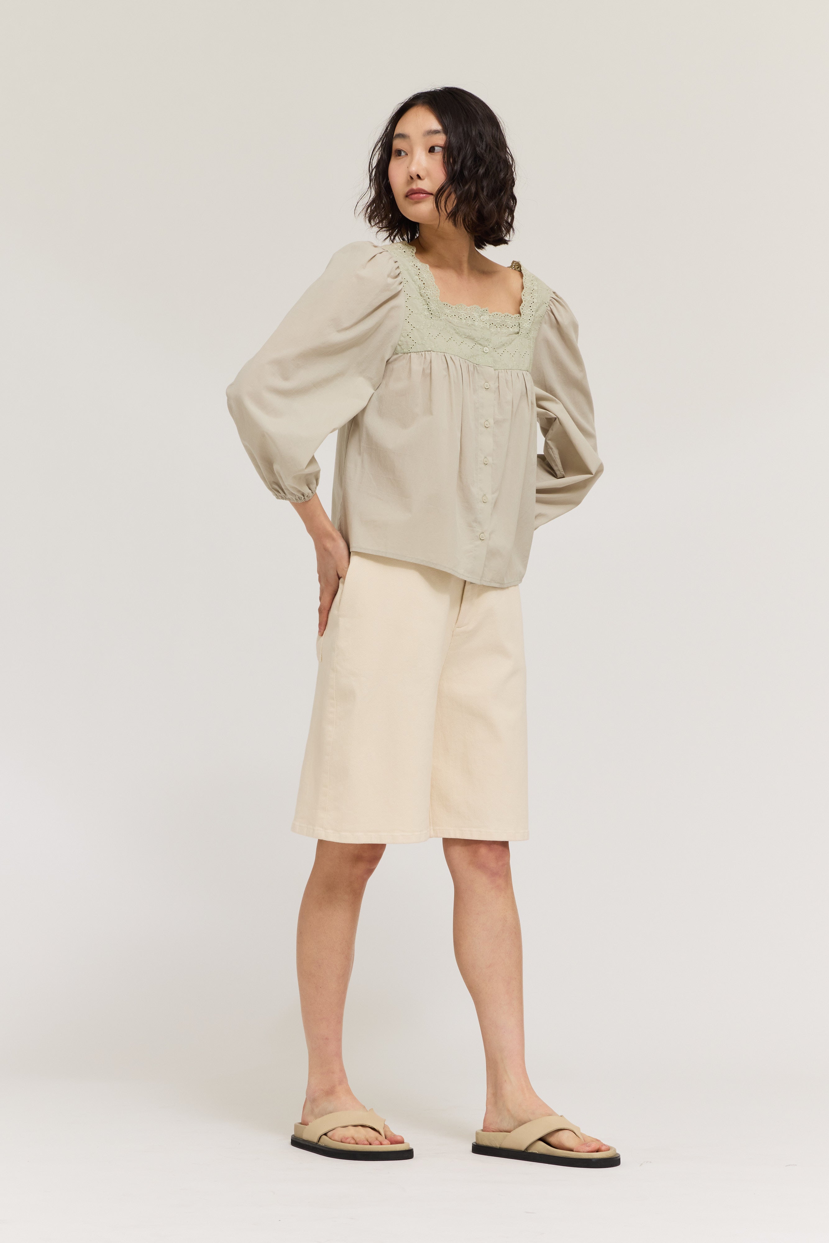 Eyelet Trim Detail Button Down Shirt in Cloud