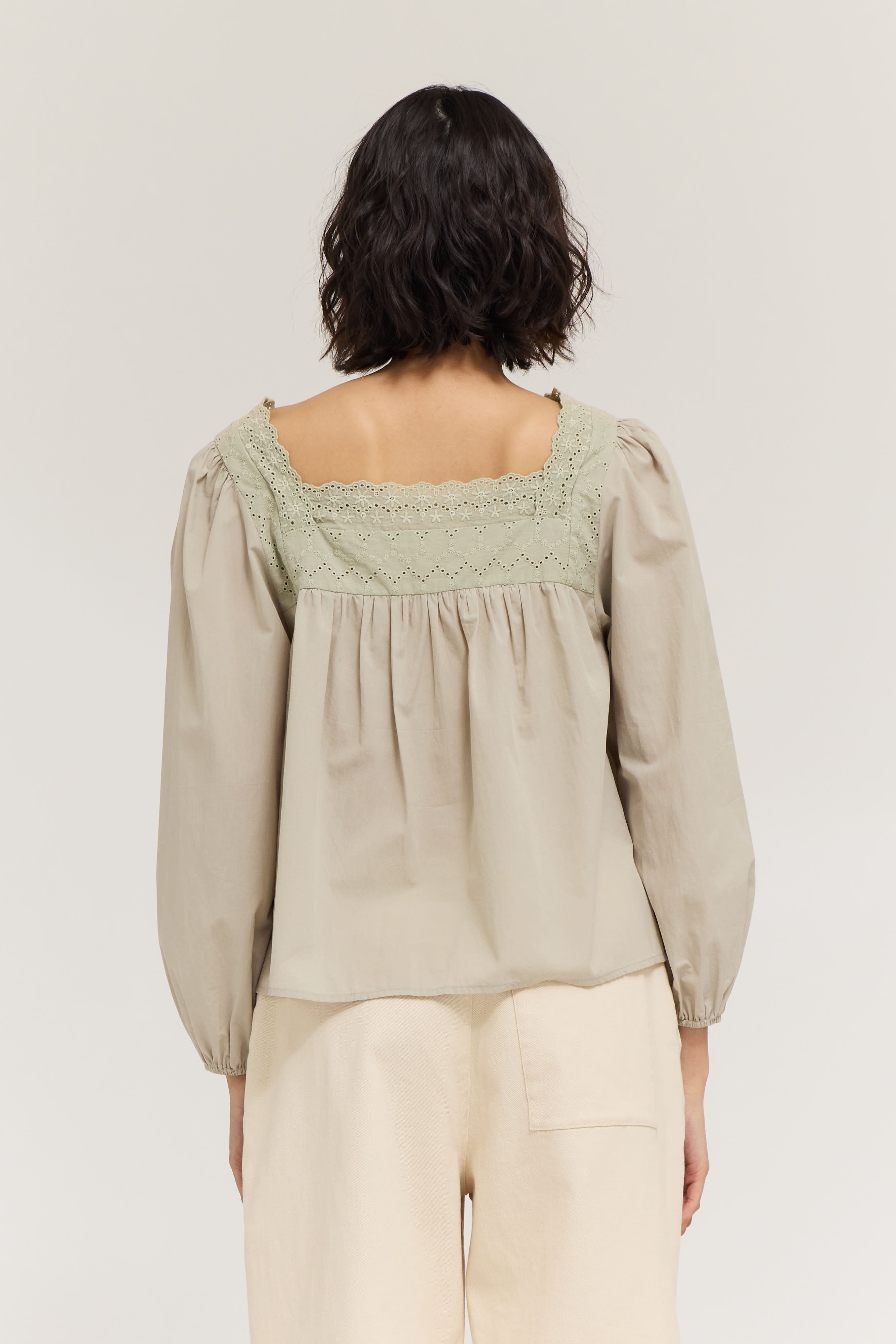 Eyelet Trim Detail Button Down Shirt in Cloud