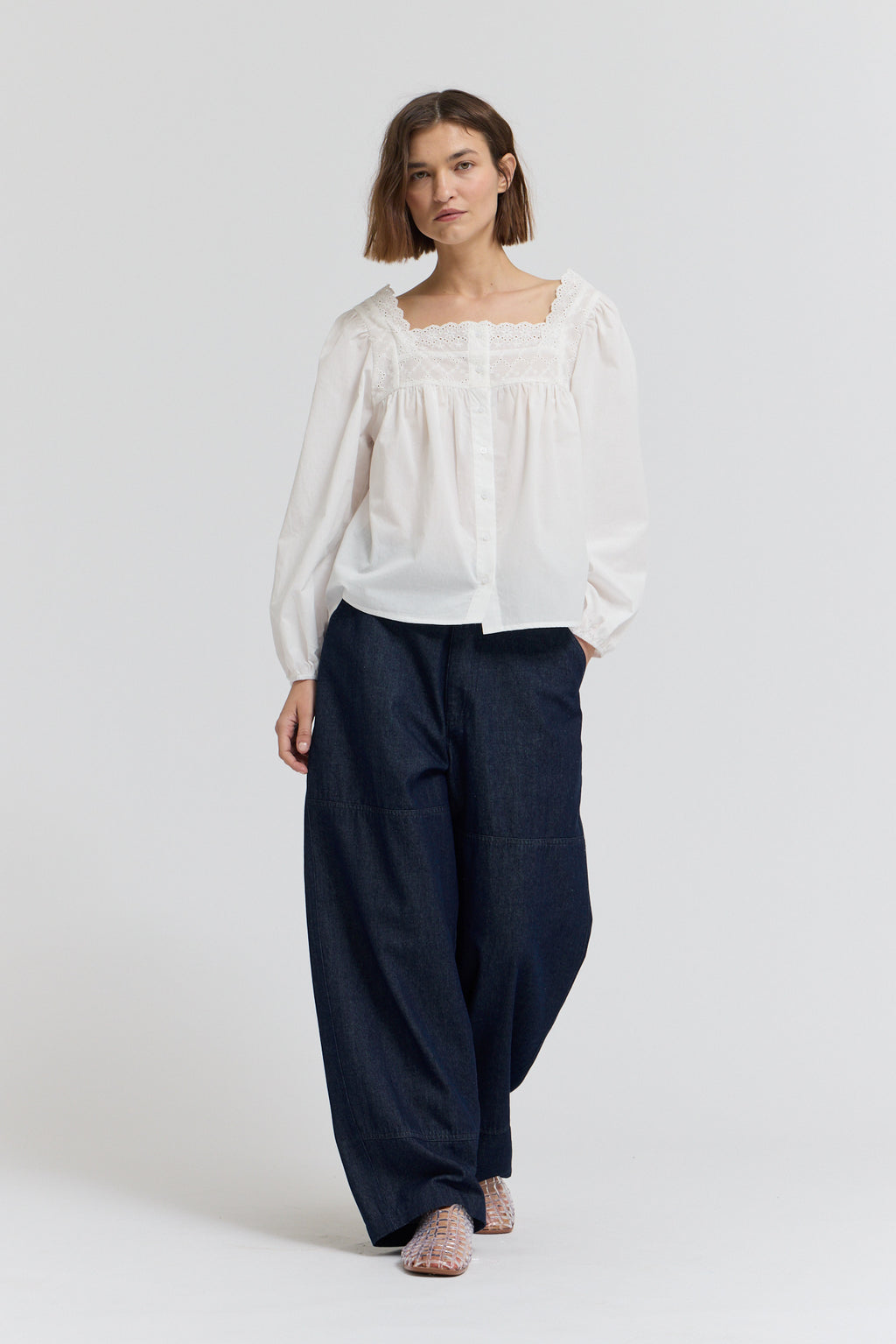 Eyelet Trim Detail Button Down Shirt in Off White
