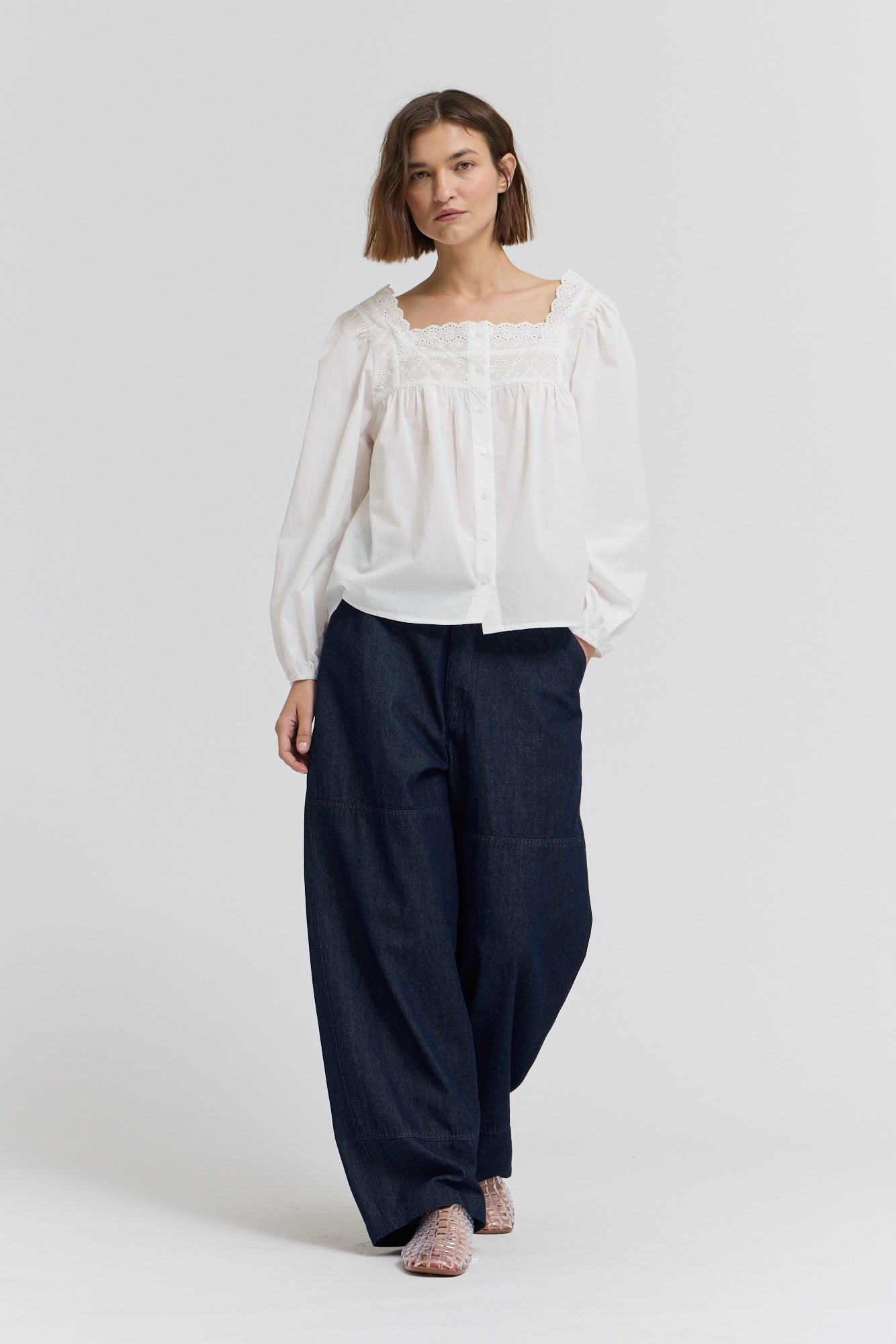 Eyelet Trim Detail Button Down Shirt in Off White