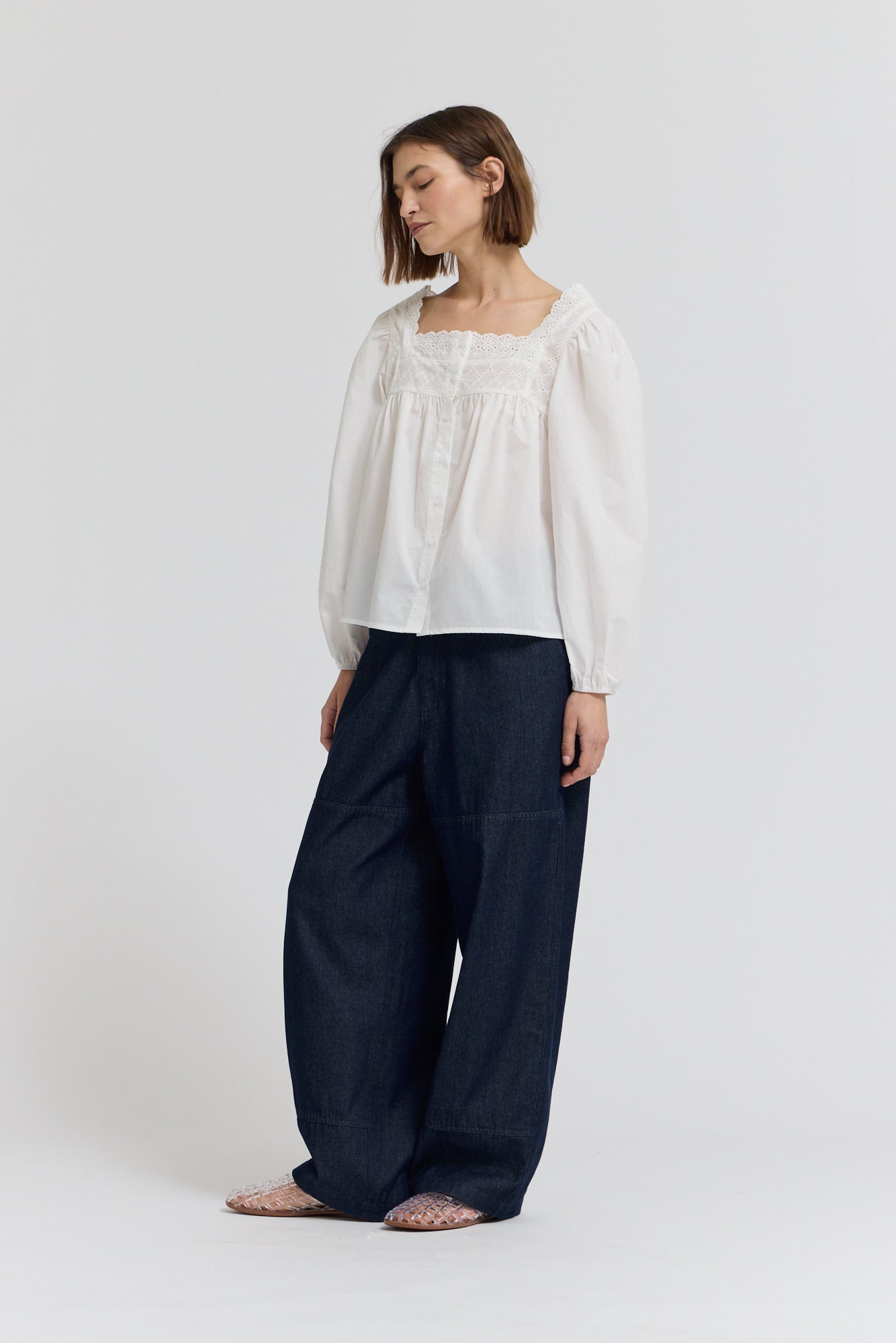 Eyelet Trim Detail Button Down Shirt in Off White