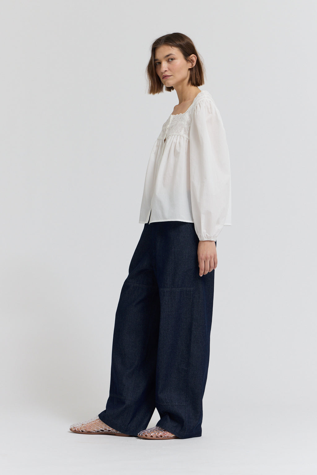 Eyelet Trim Detail Button Down Shirt in Off White