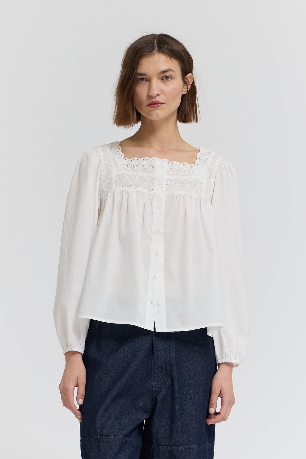 Eyelet Trim Detail Button Down Shirt in Off White
