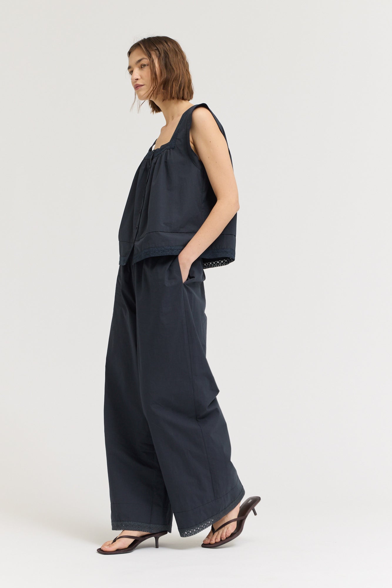 Eyelet Trim Detailed Sleeveless Top in Atlantic