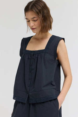 Eyelet Trim Detailed Sleeveless Top in Atlantic