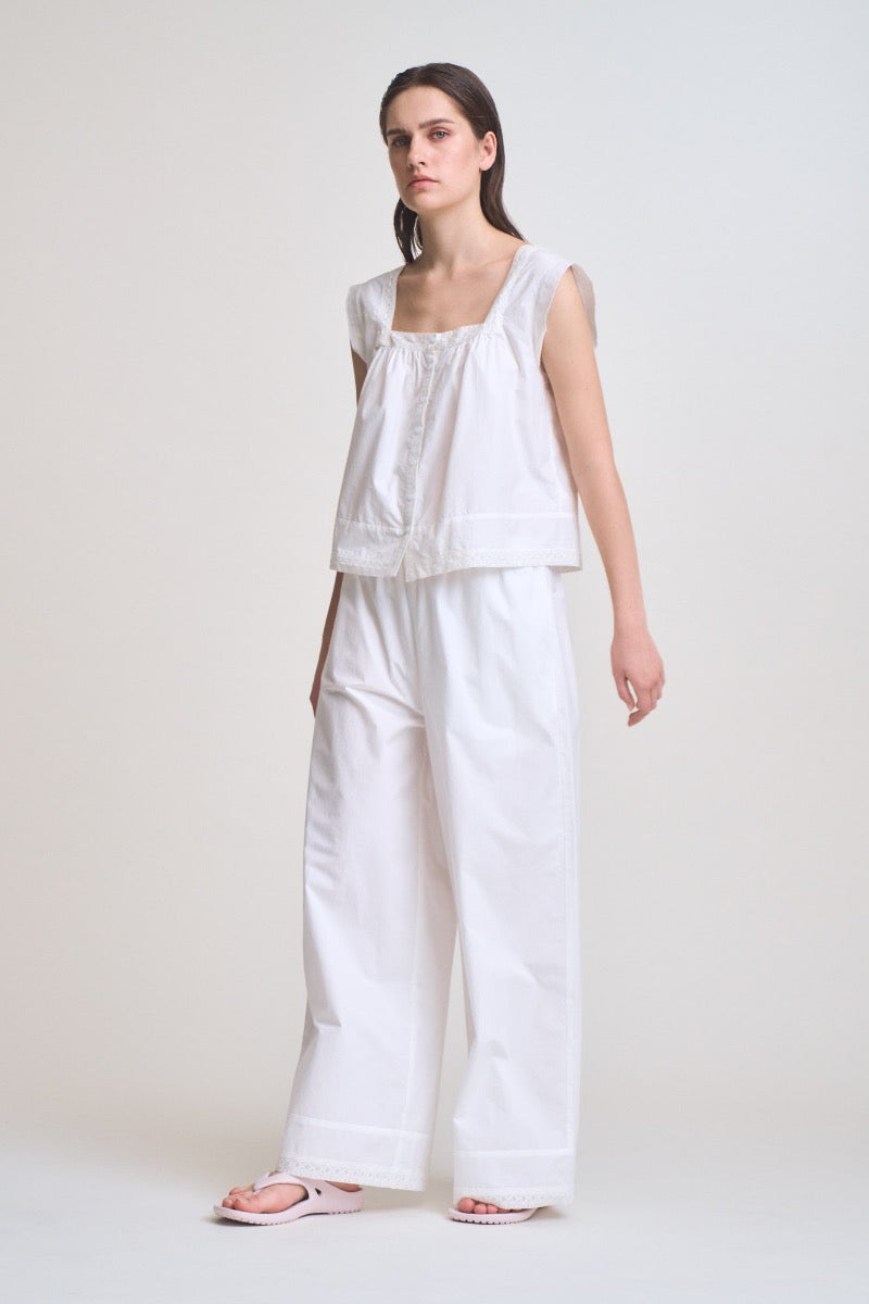 Eyelet Hem Detailed Cotton Pants in Off White