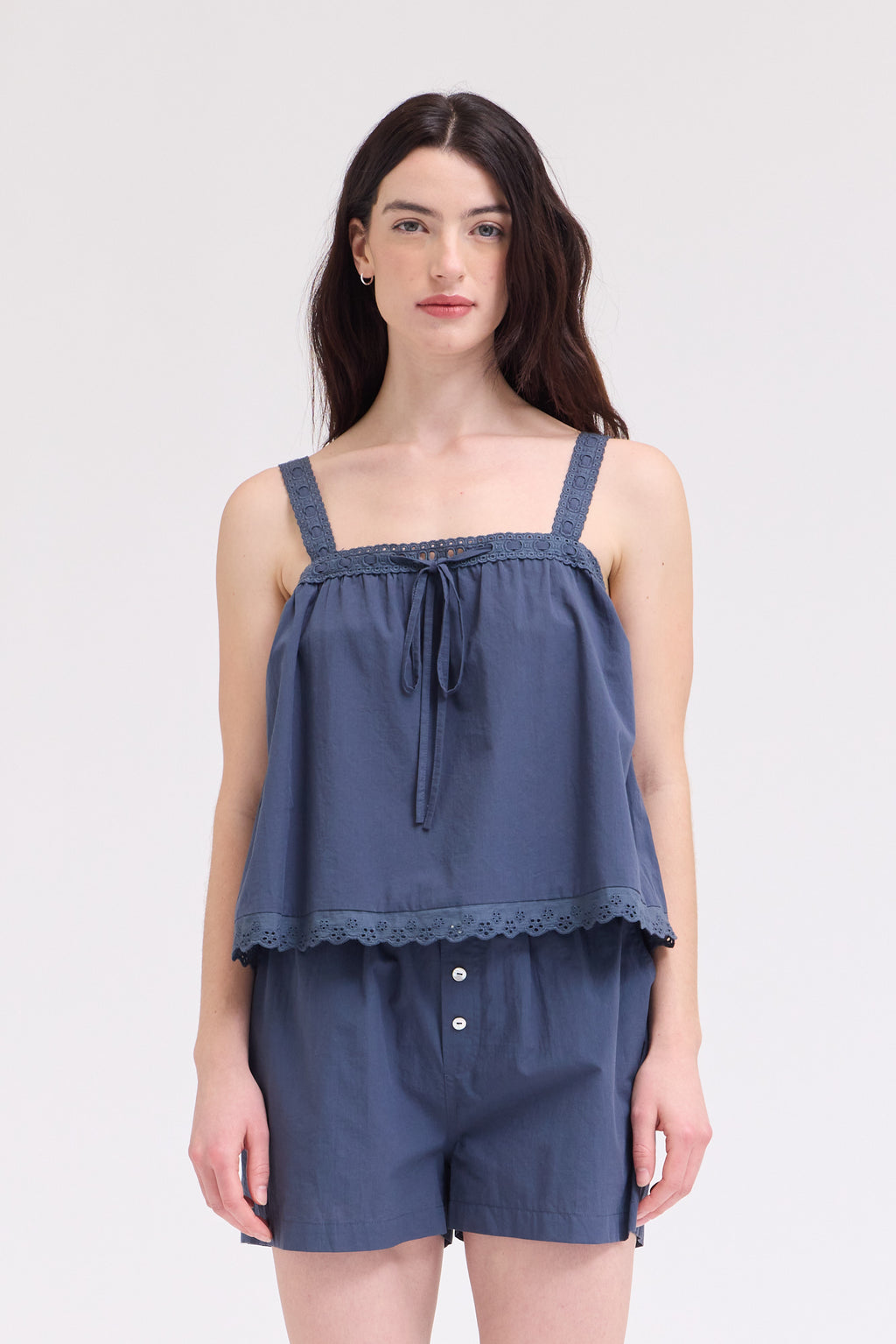 Lace Up Eyelet Trim Tank in Atlantic