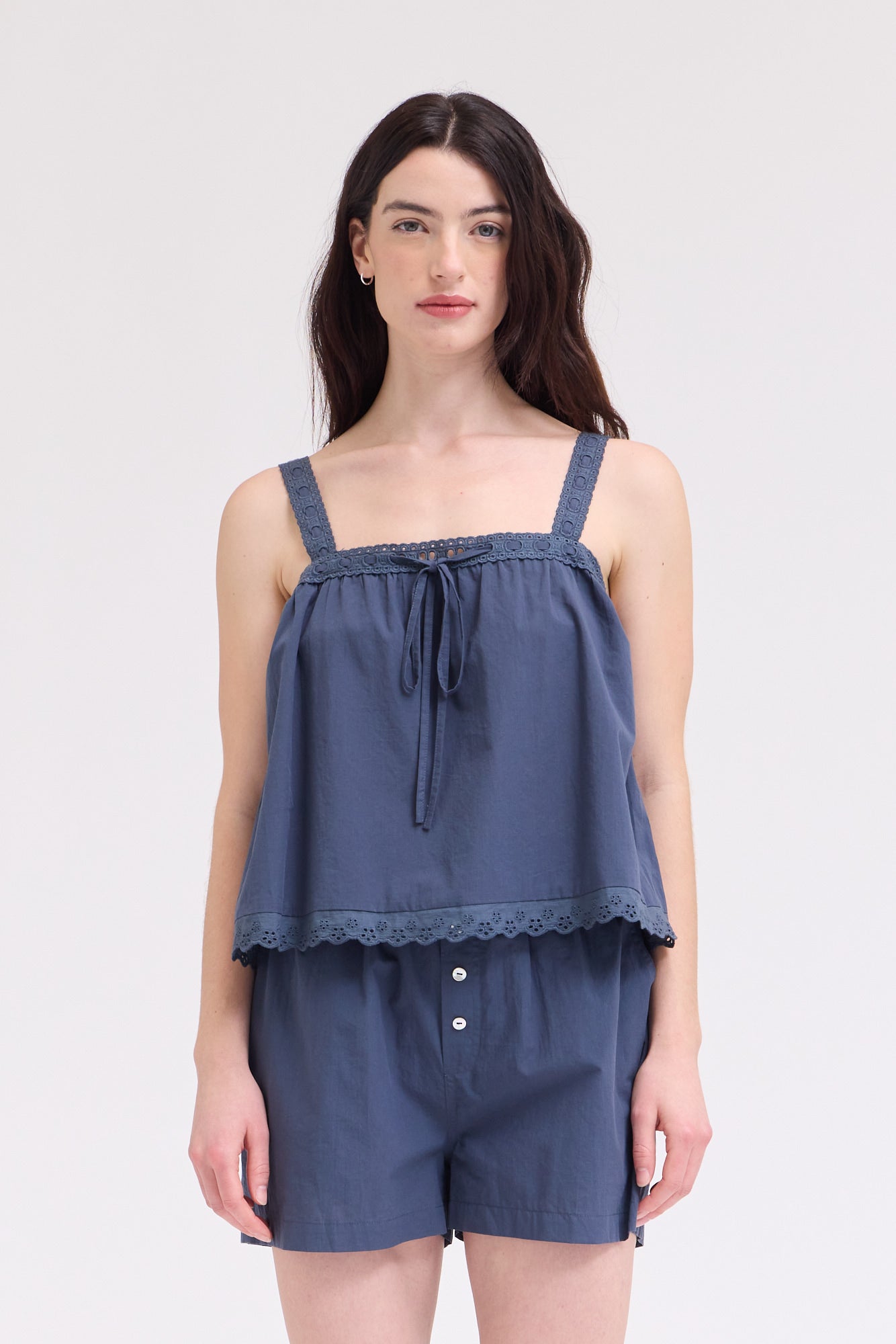 Lace Up Eyelet Trim Tank in Atlantic