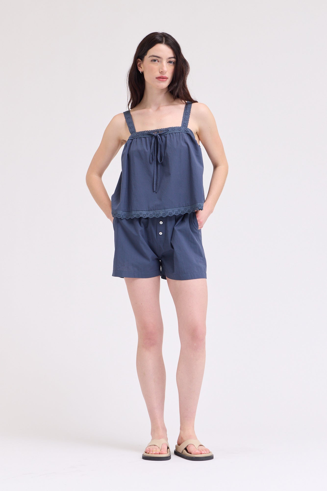 Lace Up Eyelet Trim Tank in Atlantic