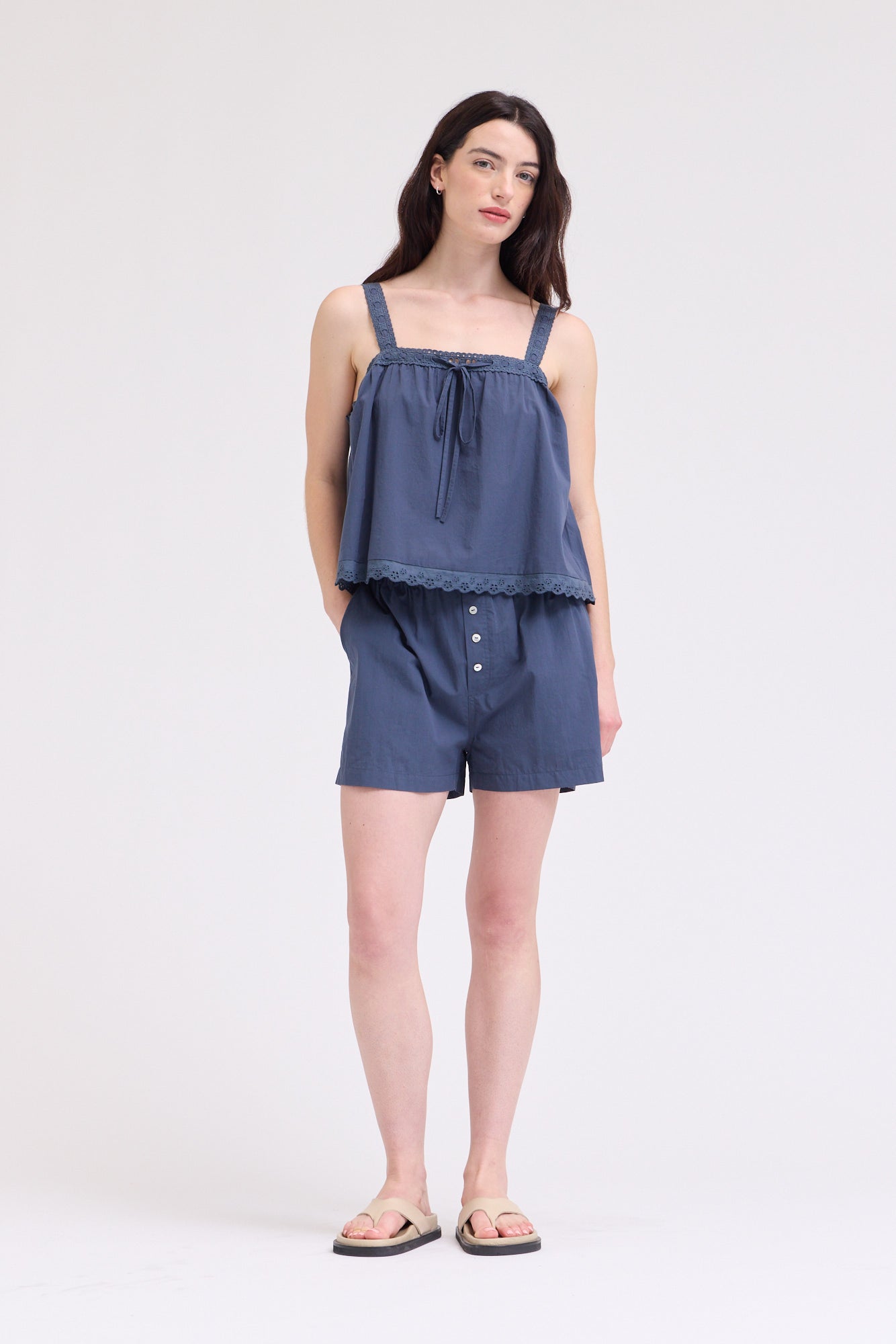 Lace Up Eyelet Trim Tank in Atlantic