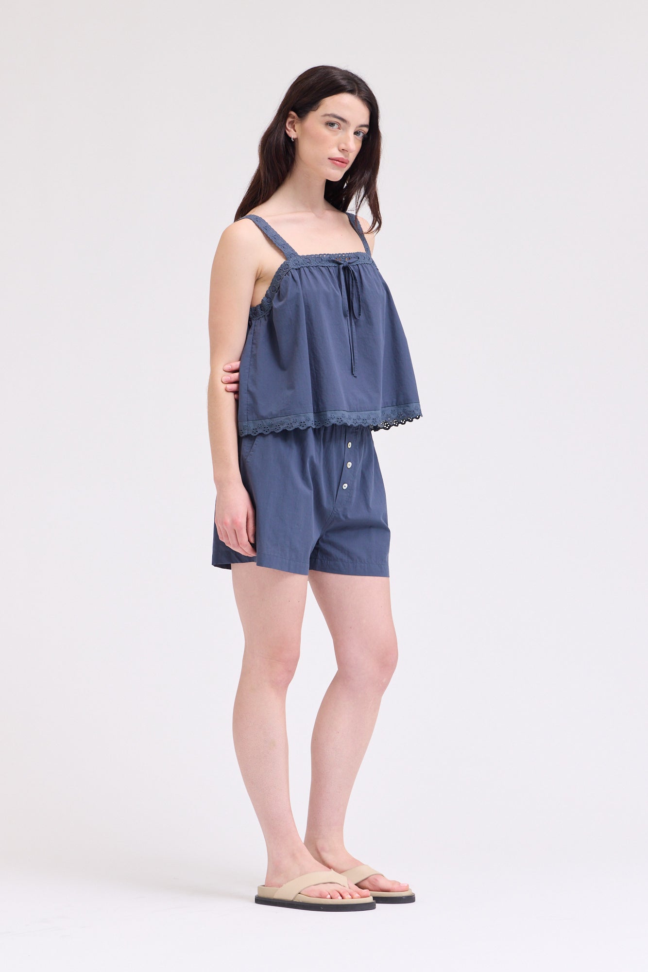 Lace Up Eyelet Trim Tank in Atlantic