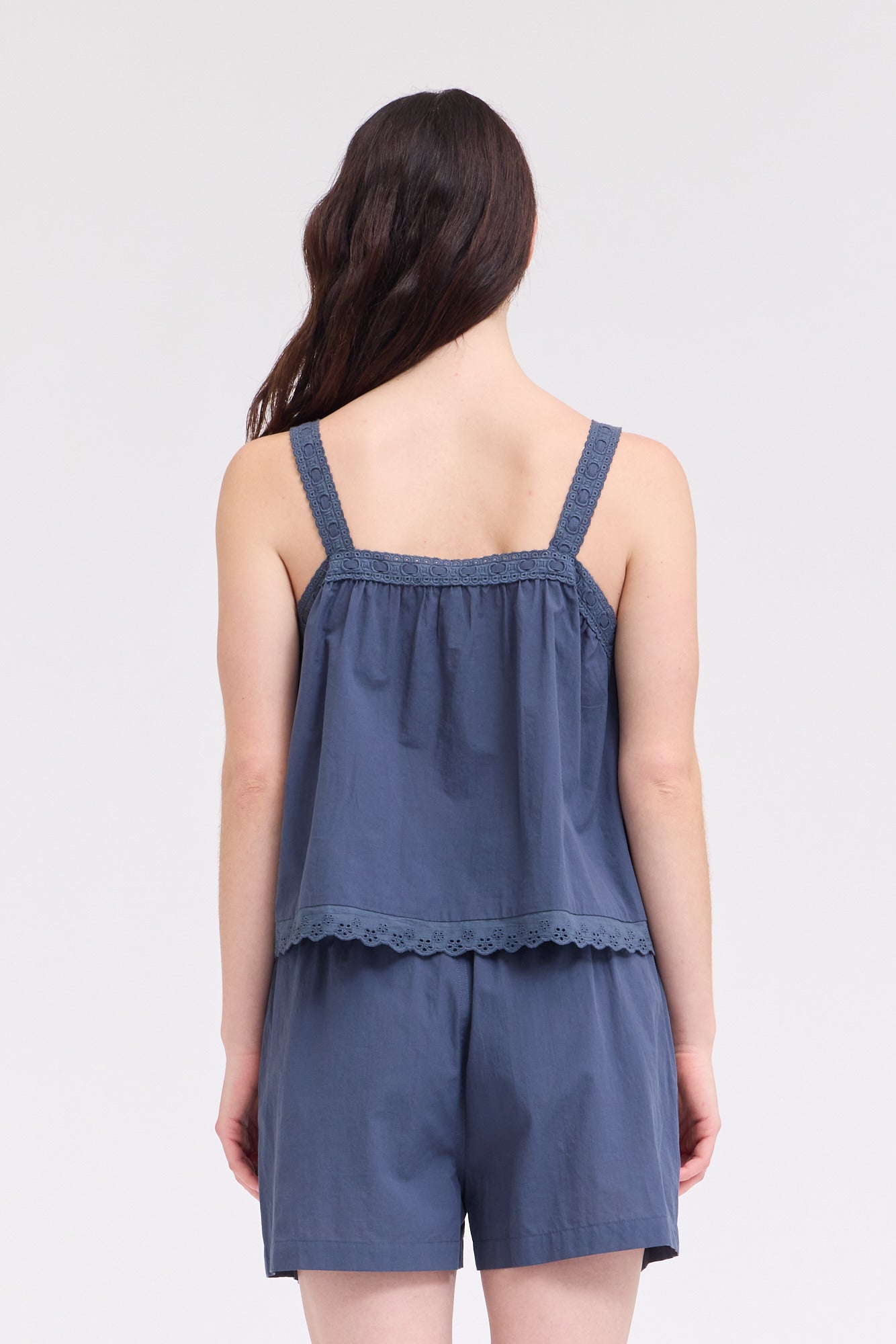 Lace Up Eyelet Trim Tank in Atlantic