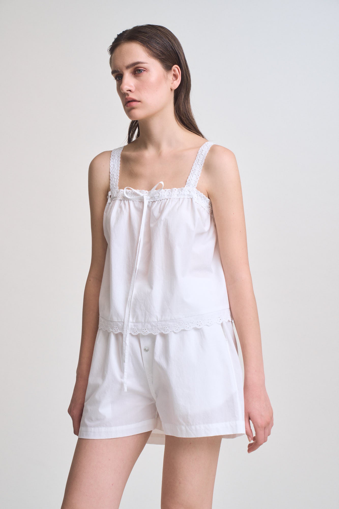 Lace Up Eyelet Trim Tank in Off White
