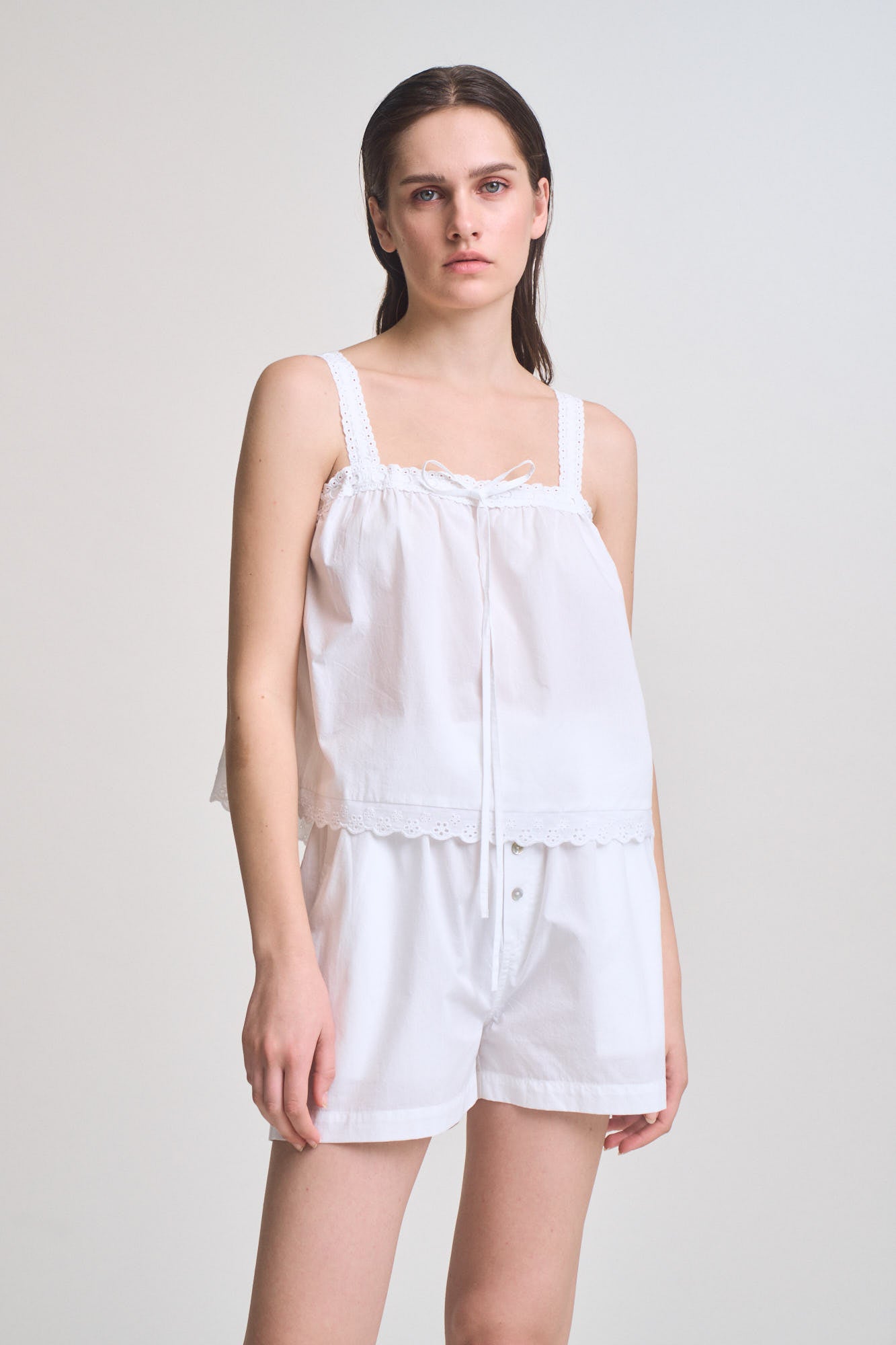 Lace Up Eyelet Trim Tank in Off White