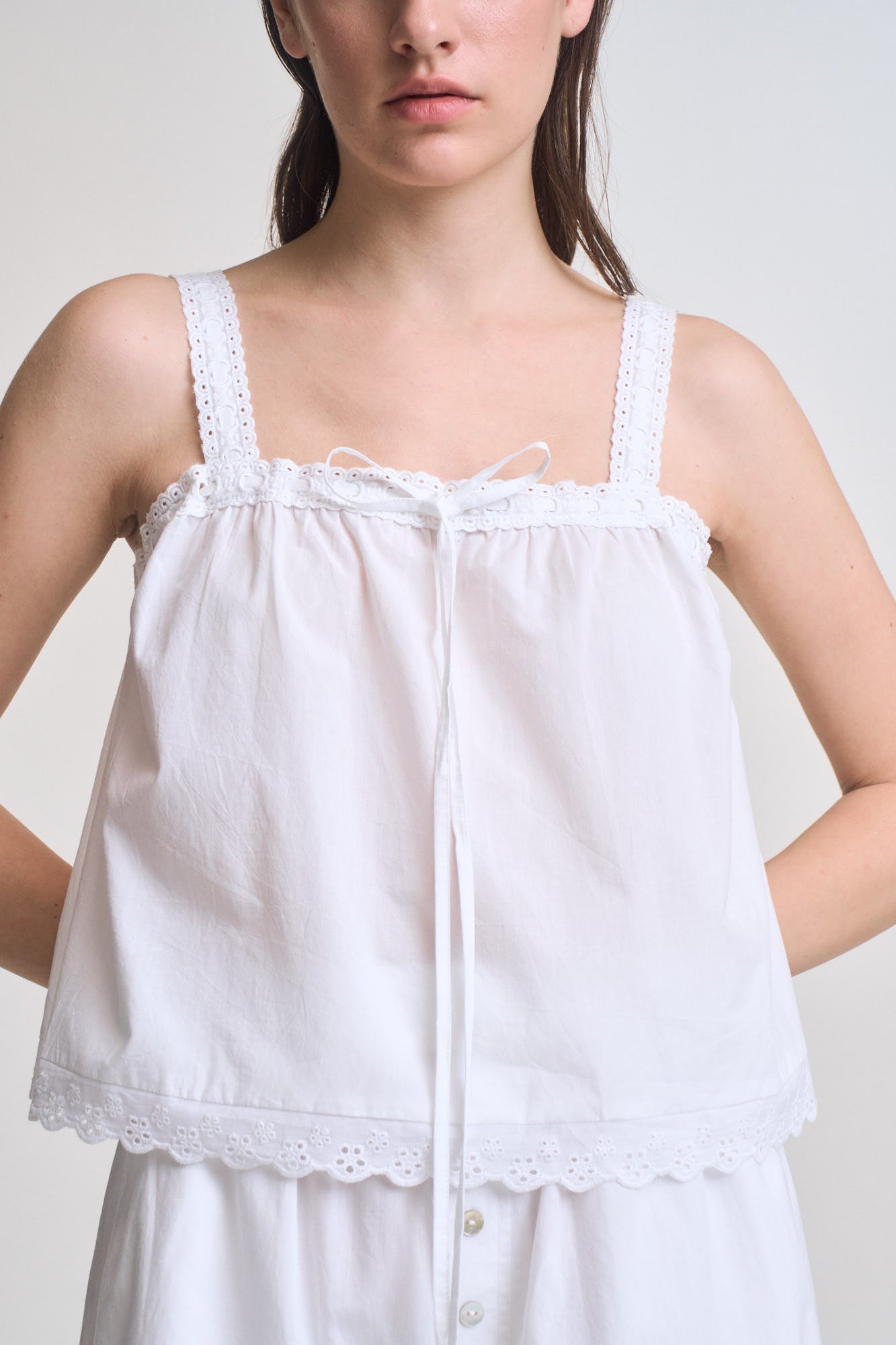 Lace Up Eyelet Trim Tank in Off White